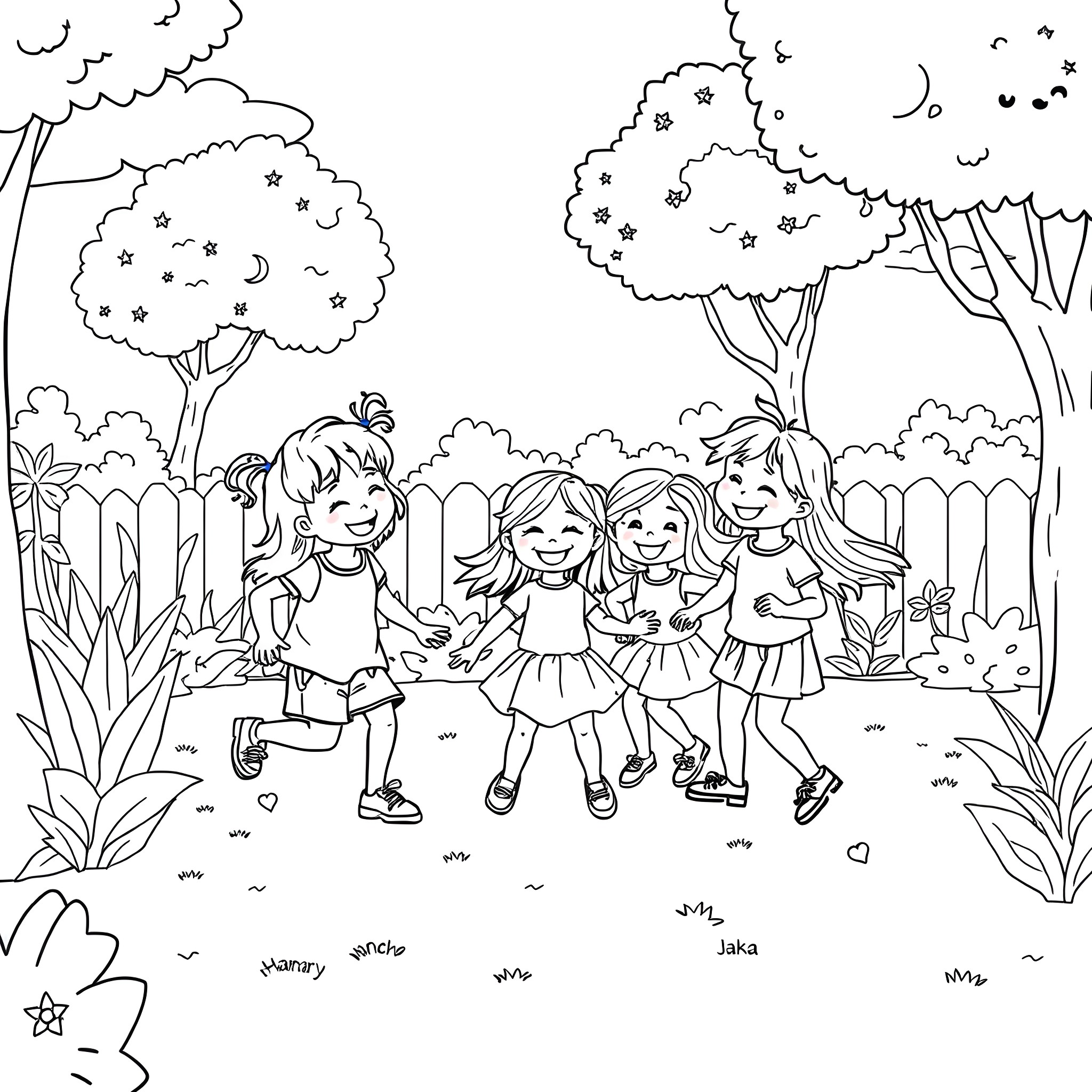 Child friends playing happily in the park Coloring Page (free black-and-white line drawing printable PDF for all, from beginners to advanced learners, including children, teens, adults, and seniors)
