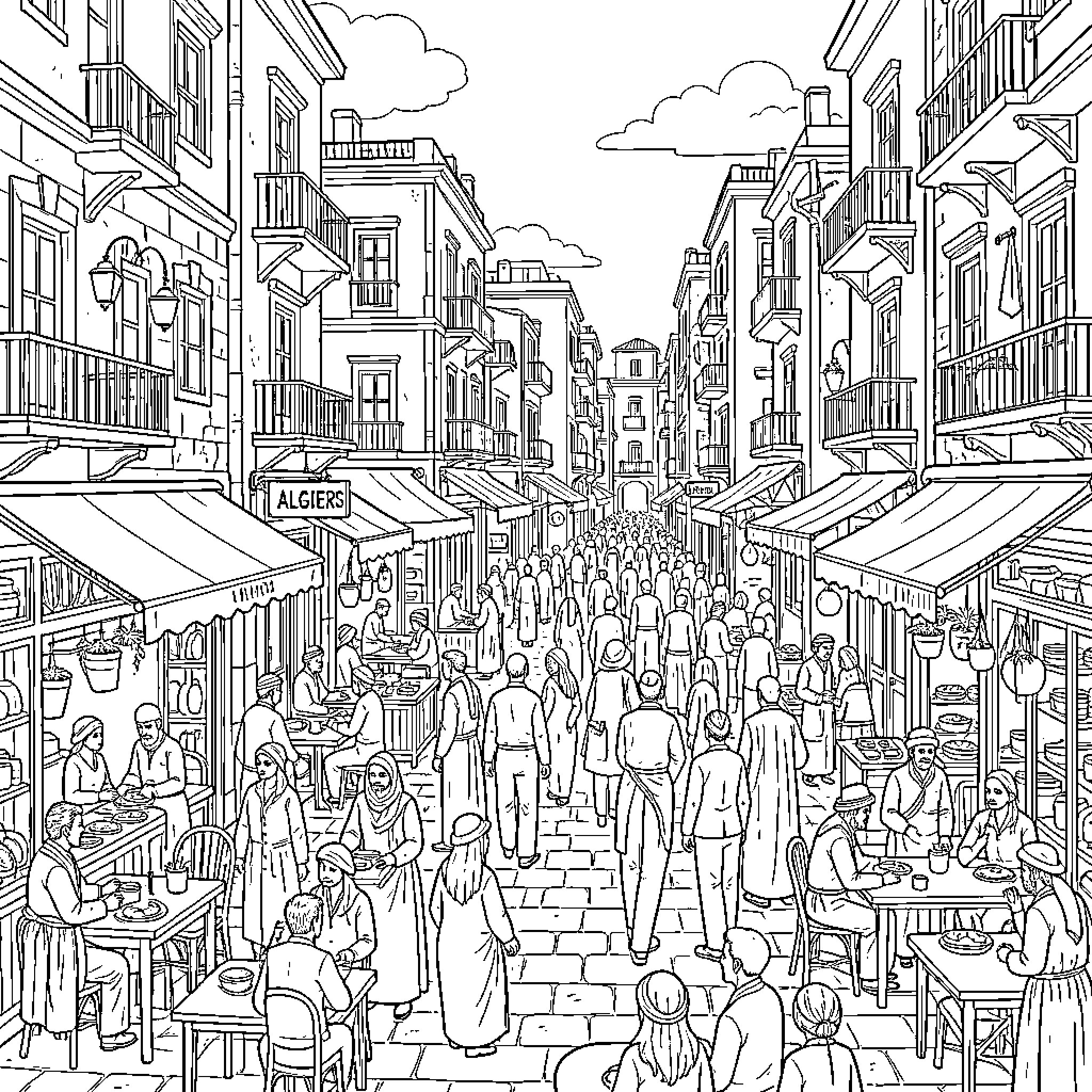 Alger Center people walking and dining in a busy street Coloring Page (free black-and-white line drawing printable PDF for all, from beginners to advanced learners, including children, teens, adults, and seniors)