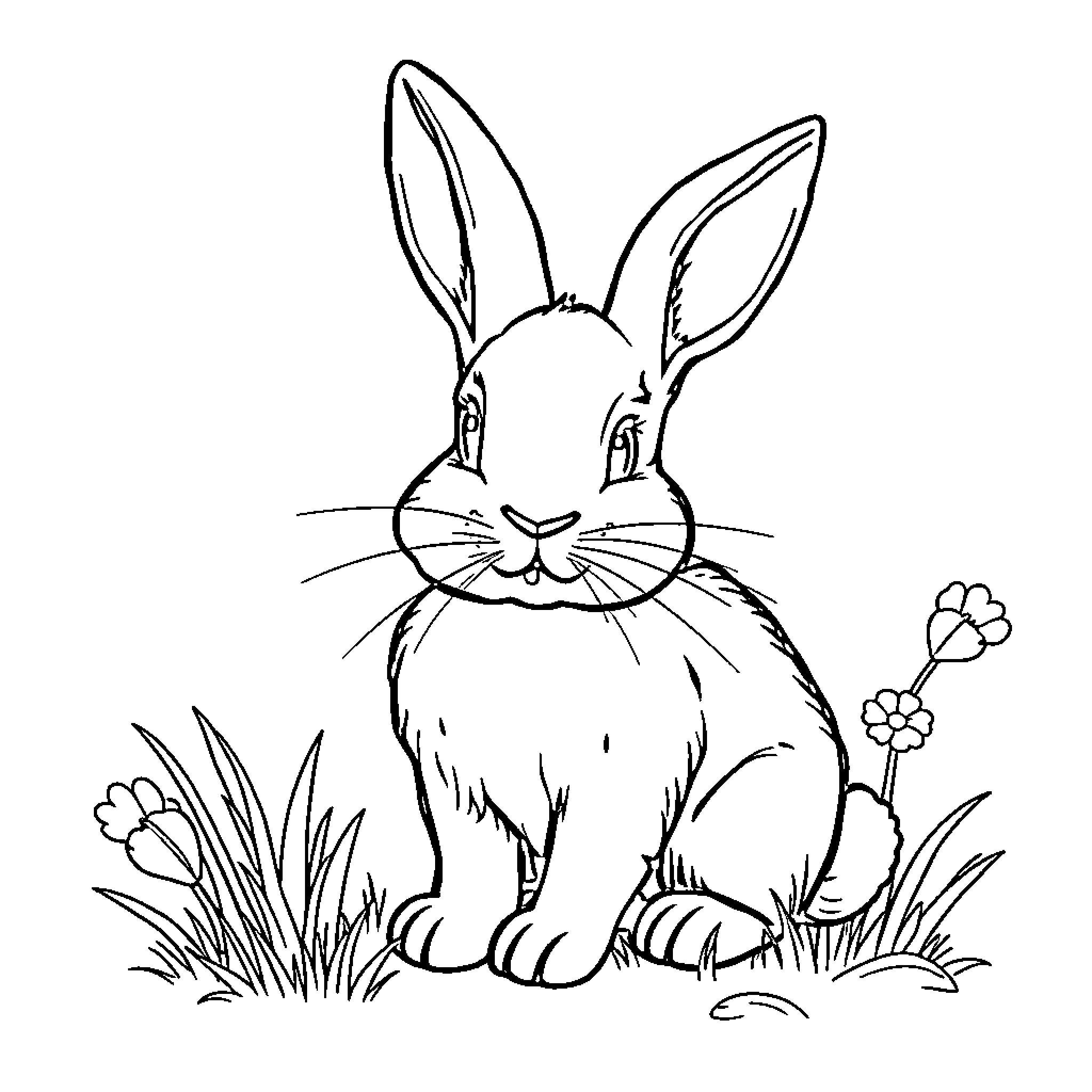 Rabbit in grassy field with flowers Coloring Page (free black-and-white line drawing printable PDF for all, from beginners to advanced learners, including children, teens, adults, and seniors)