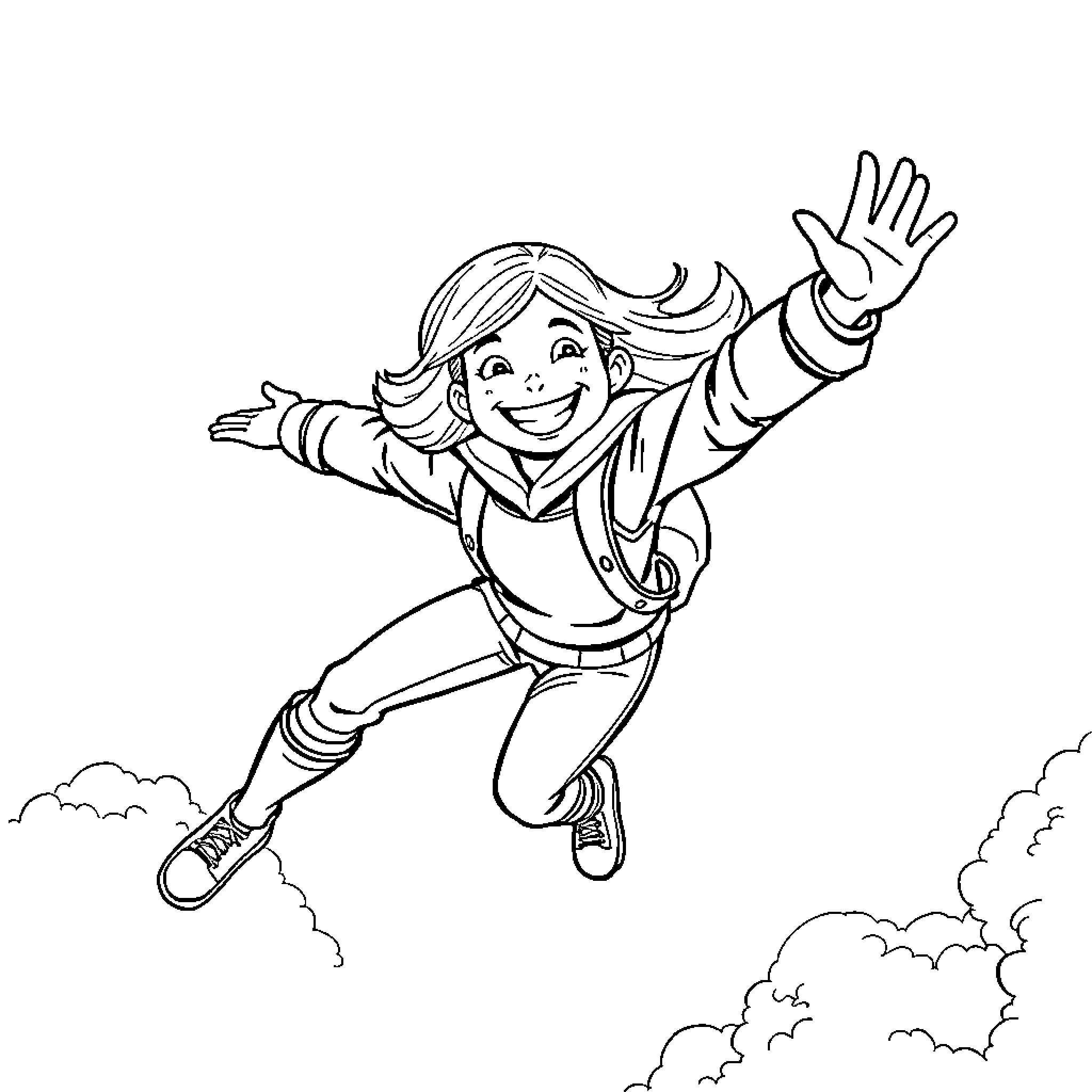 Girlhero soaring through the clouds with joy Coloring Page (free black-and-white line drawing printable PDF for all, from beginners to advanced learners, including children, teens, adults, and seniors)