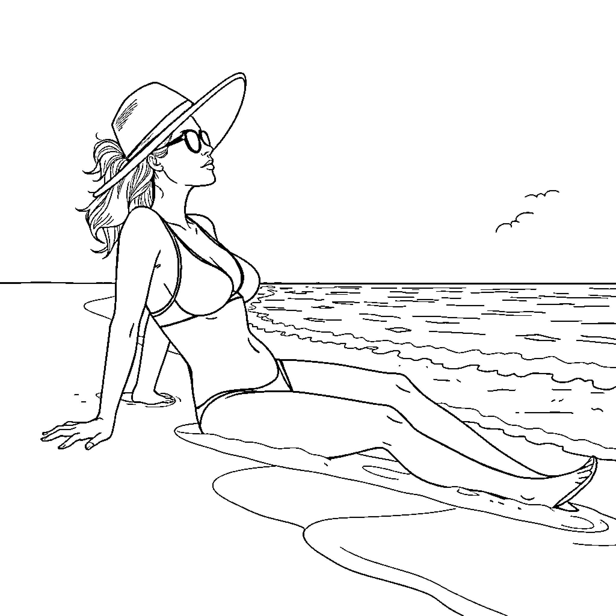 Lady relaxing on the beach Coloring Page (free black-and-white line drawing printable PDF for all, from beginners to advanced learners, including children, teens, adults, and seniors)
