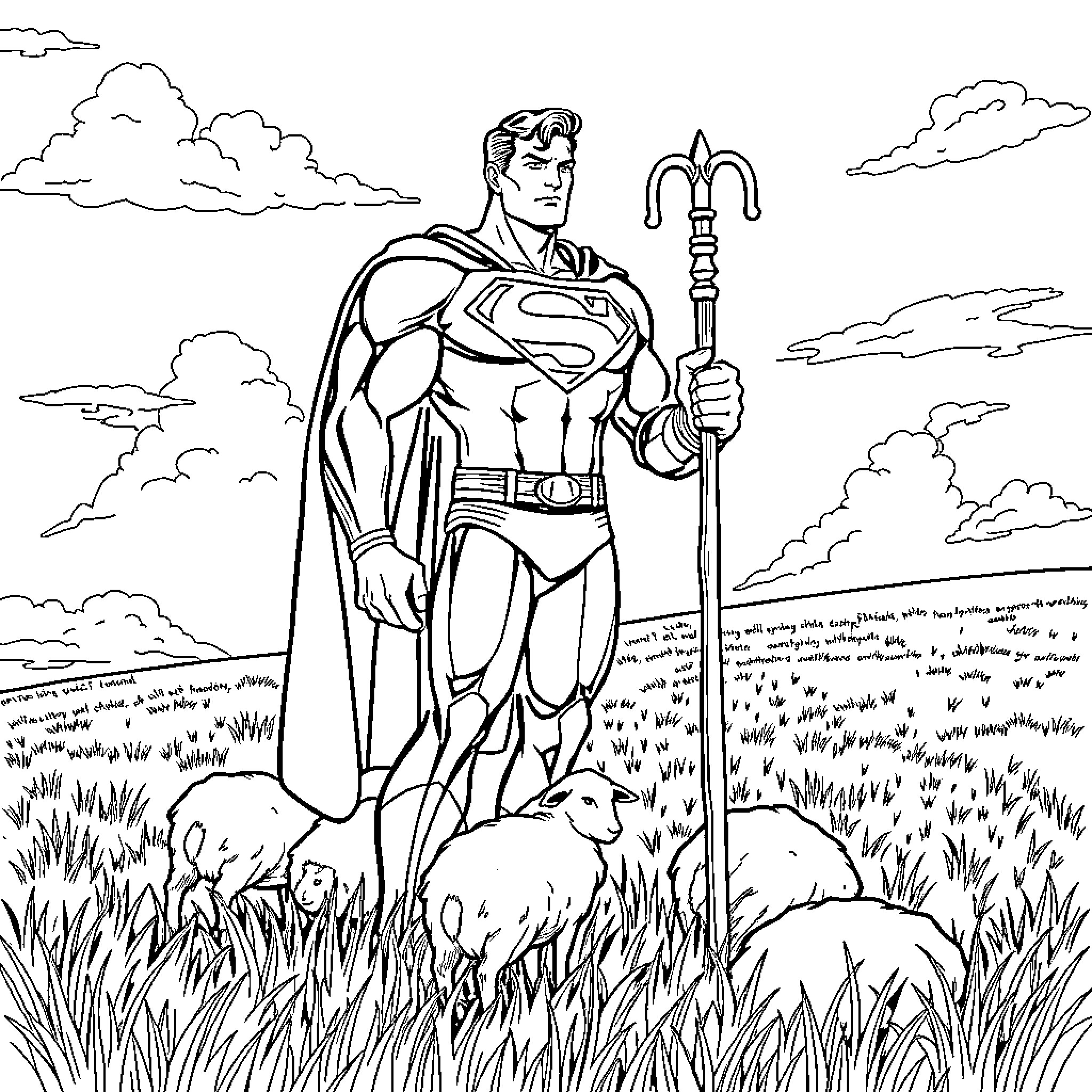 Superman guarding a field of sheep with his staff Coloring Page (free black-and-white line drawing printable PDF for all, from beginners to advanced learners, including children, teens, adults, and seniors)