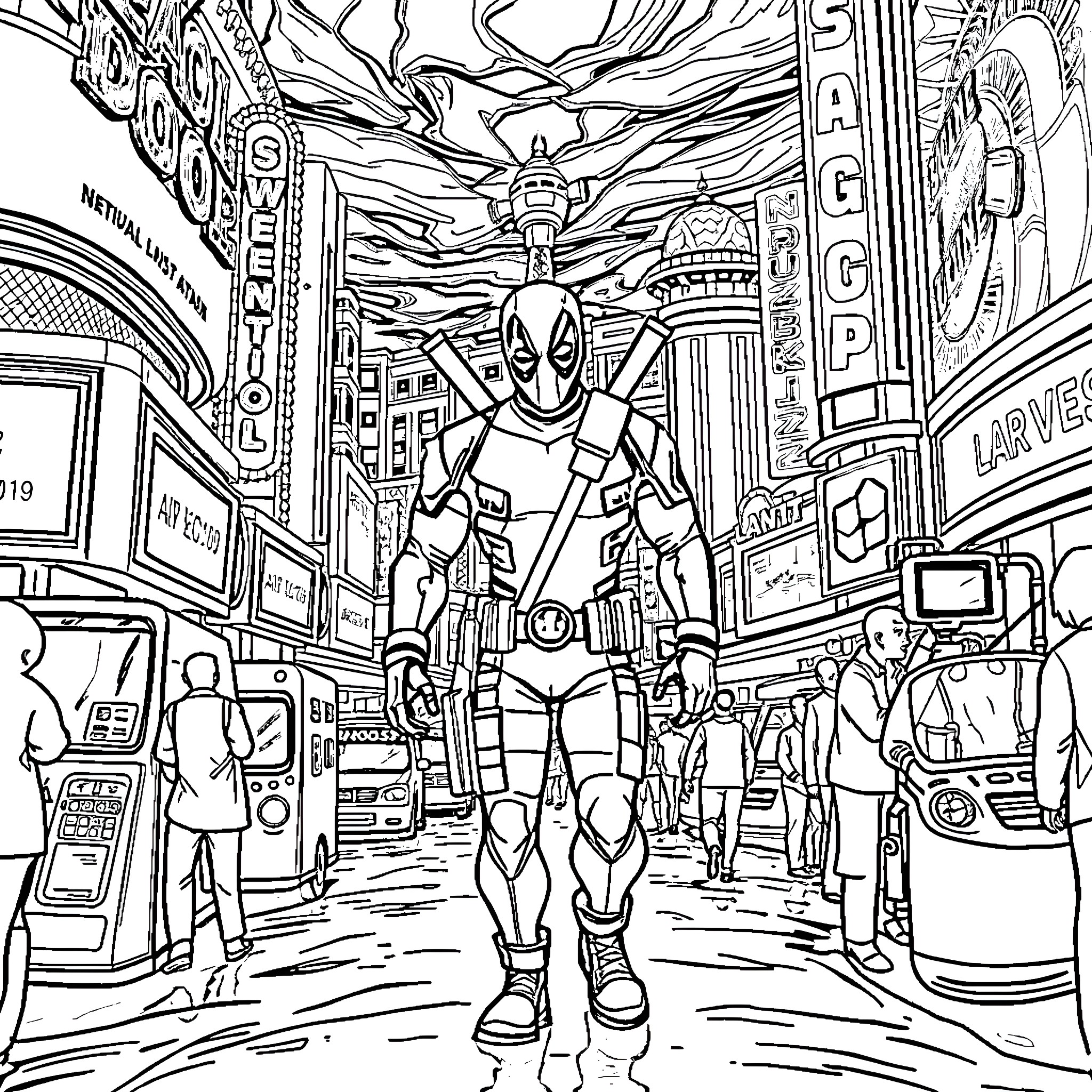 Deadpool in lively urban scene Coloring Page (free black-and-white line drawing printable PDF for all, from beginners to advanced learners, including children, teens, adults, and seniors)