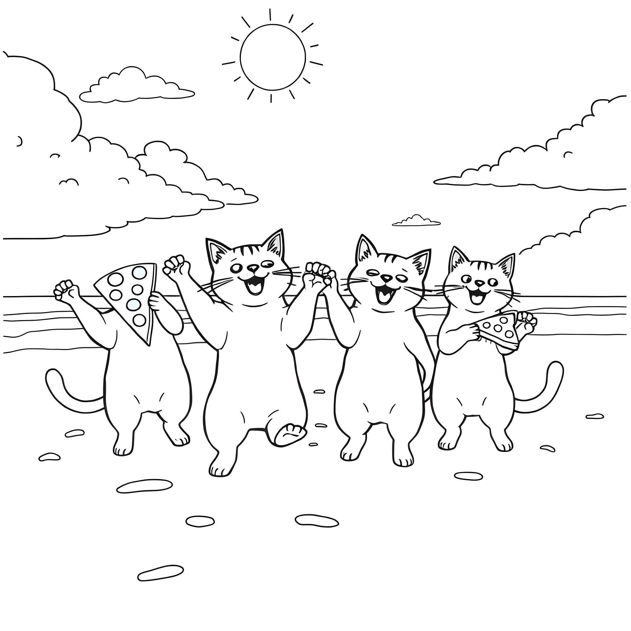 Cats playing on the beach Coloring Page (free black-and-white line drawing printable PDF for all, from beginners to advanced learners, including children, teens, adults, and seniors)