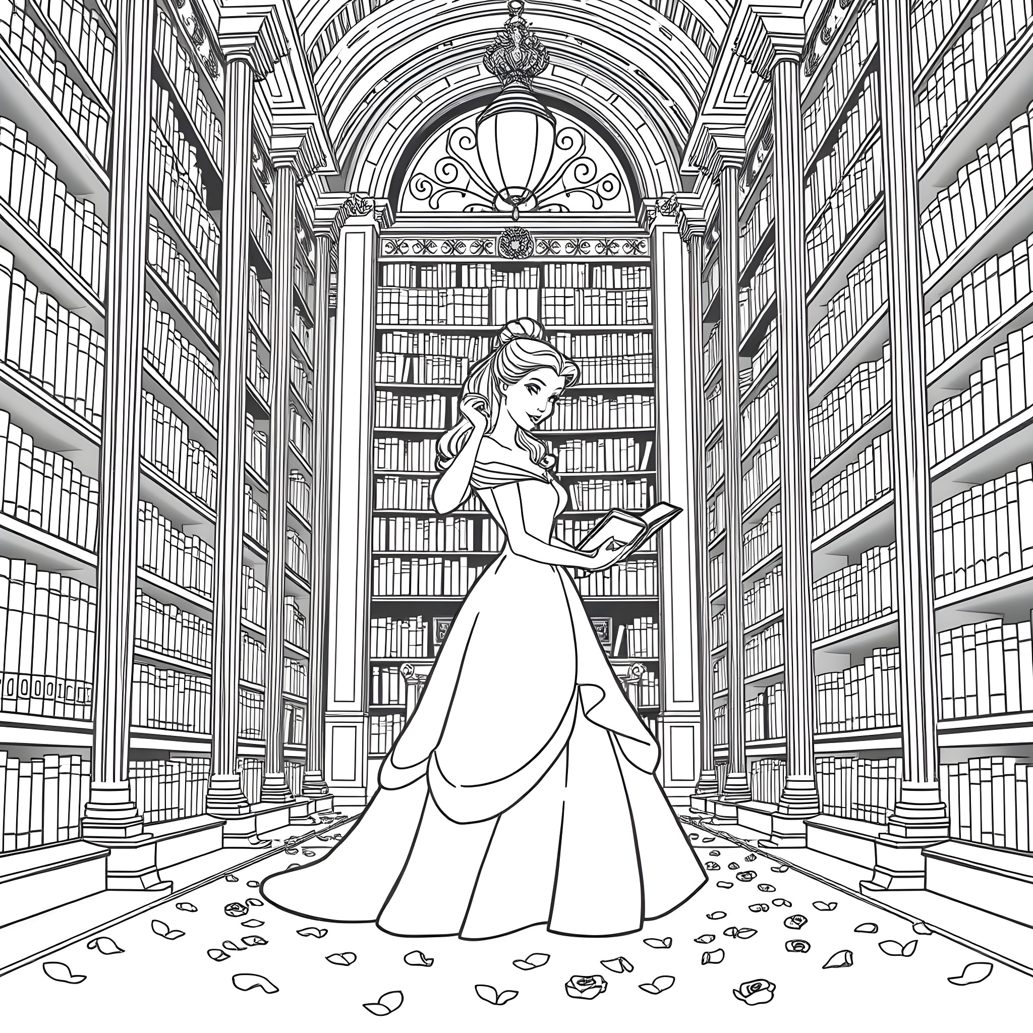 Belle in a Magnificent Library Coloring Page (free black-and-white line drawing printable PDF for all, from beginners to advanced learners, including children, teens, adults, and seniors)