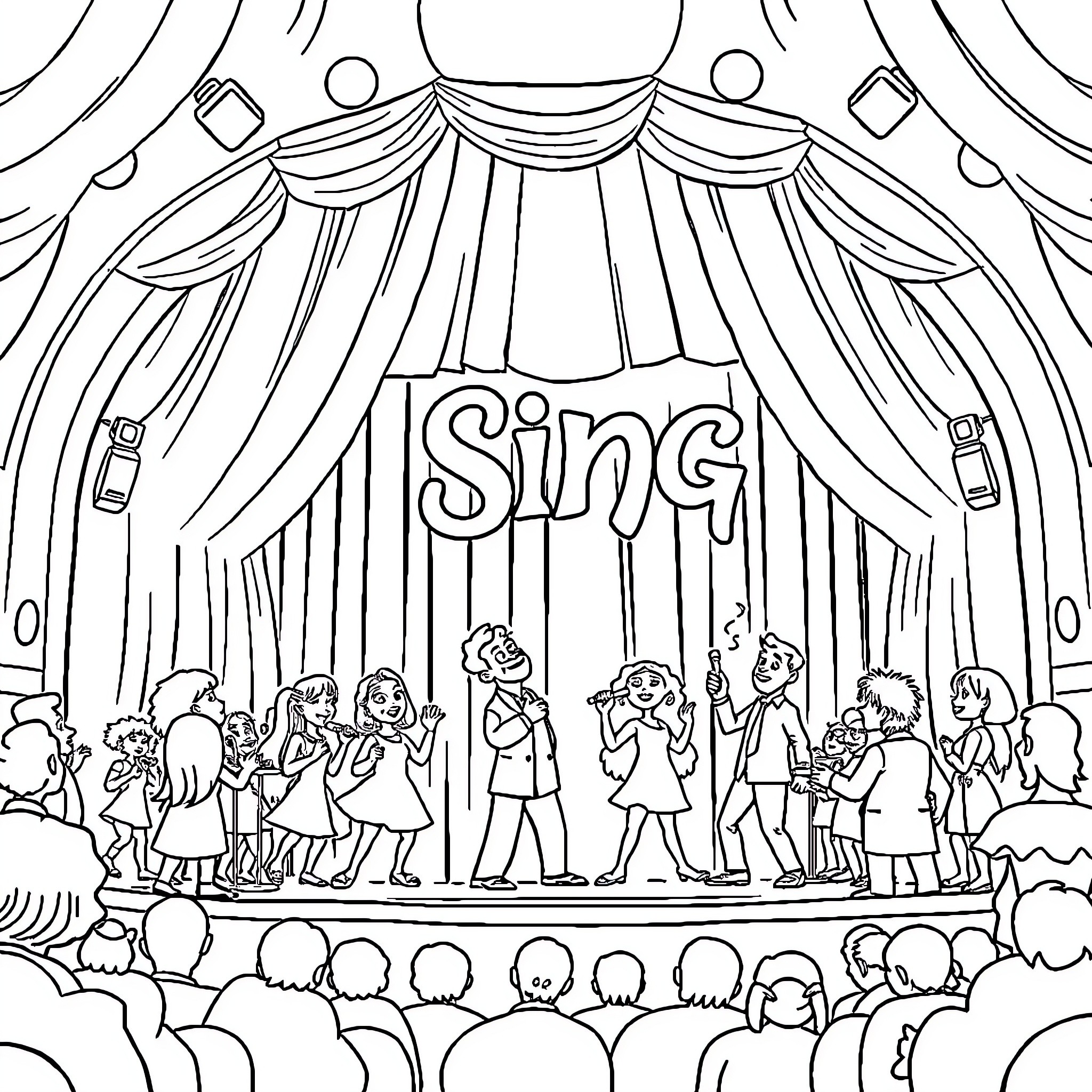Sing on the Stage with Performers and Audience Coloring Page (free black-and-white line drawing printable PDF for all, from beginners to advanced learners, including children, teens, adults, and seniors)
