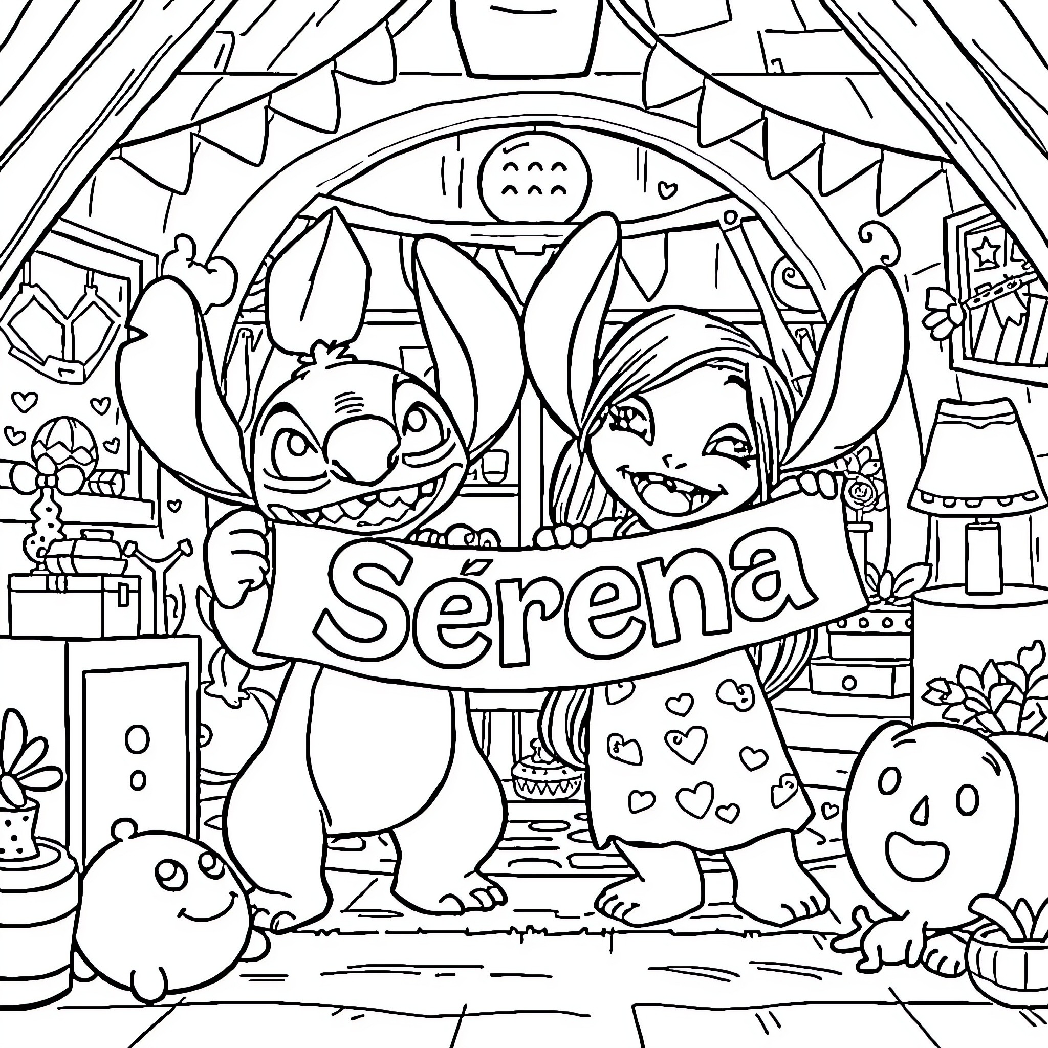 Lilo And Stitch Celebrate Serena's Party Coloring Page (free black-and-white line drawing printable PDF for all, from beginners to advanced learners, including children, teens, adults, and seniors)