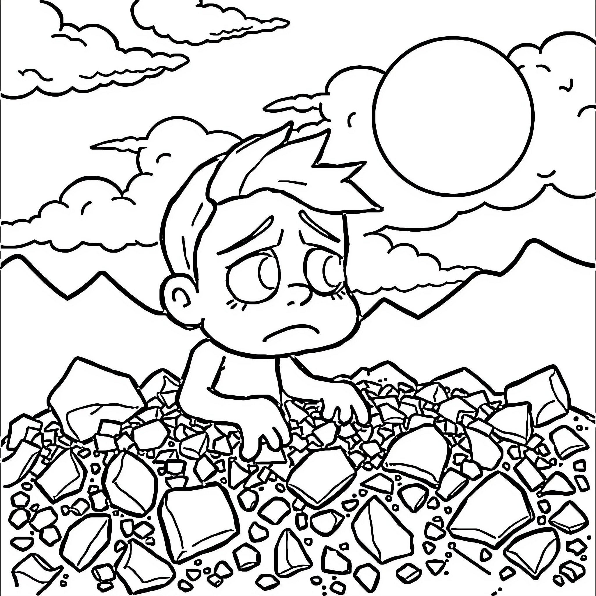 Earth child playing in rocky landscape Coloring Page (free black-and-white line drawing printable PDF for all, from beginners to advanced learners, including children, teens, adults, and seniors)