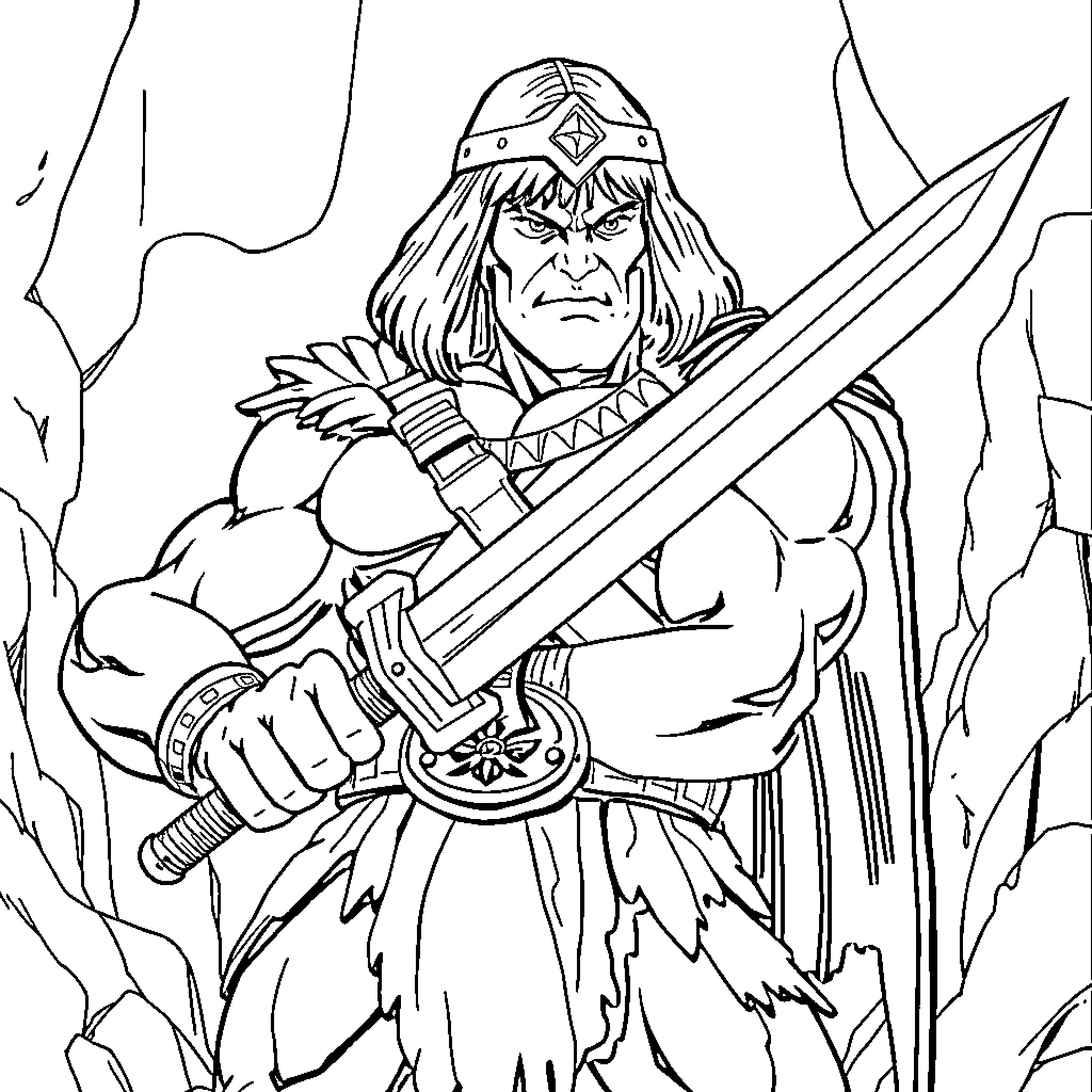 He-Man wielding powerful sword in mythical setting Coloring Page (free black-and-white line drawing printable PDF for all, from beginners to advanced learners, including children, teens, adults, and seniors)