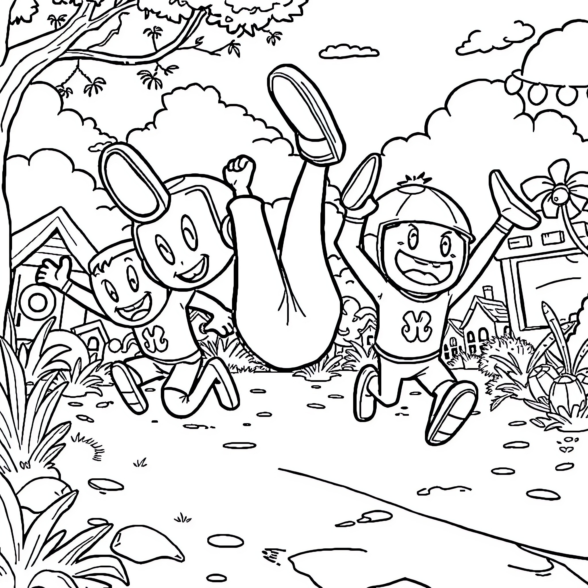 Stumble Guy Playfully Exploring Outdoors Coloring Page (free black-and-white line drawing printable PDF for all, from beginners to advanced learners, including children, teens, adults, and seniors)