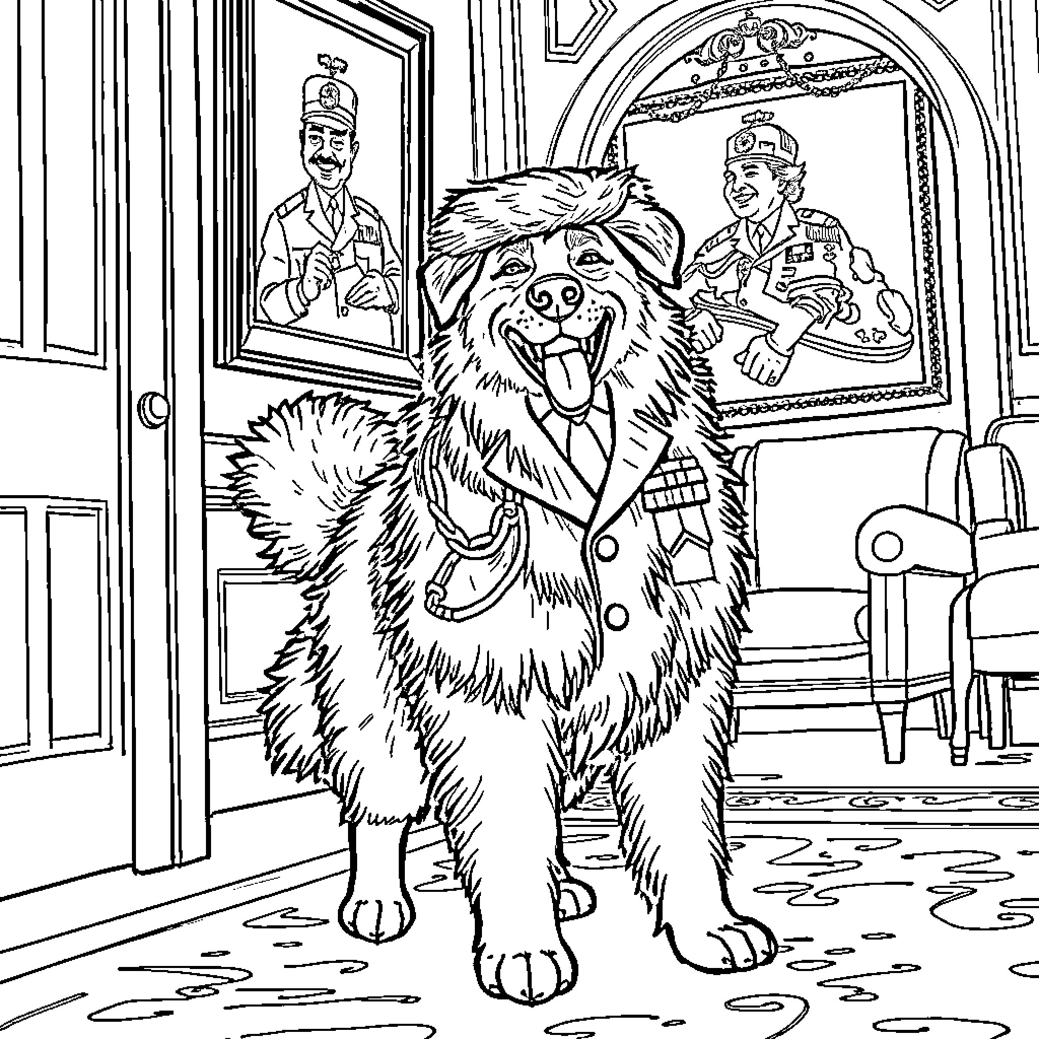 Dog dressed in fanciful attire at the royal court Coloring Page (free black-and-white line drawing printable PDF for all, from beginners to advanced learners, including children, teens, adults, and seniors)