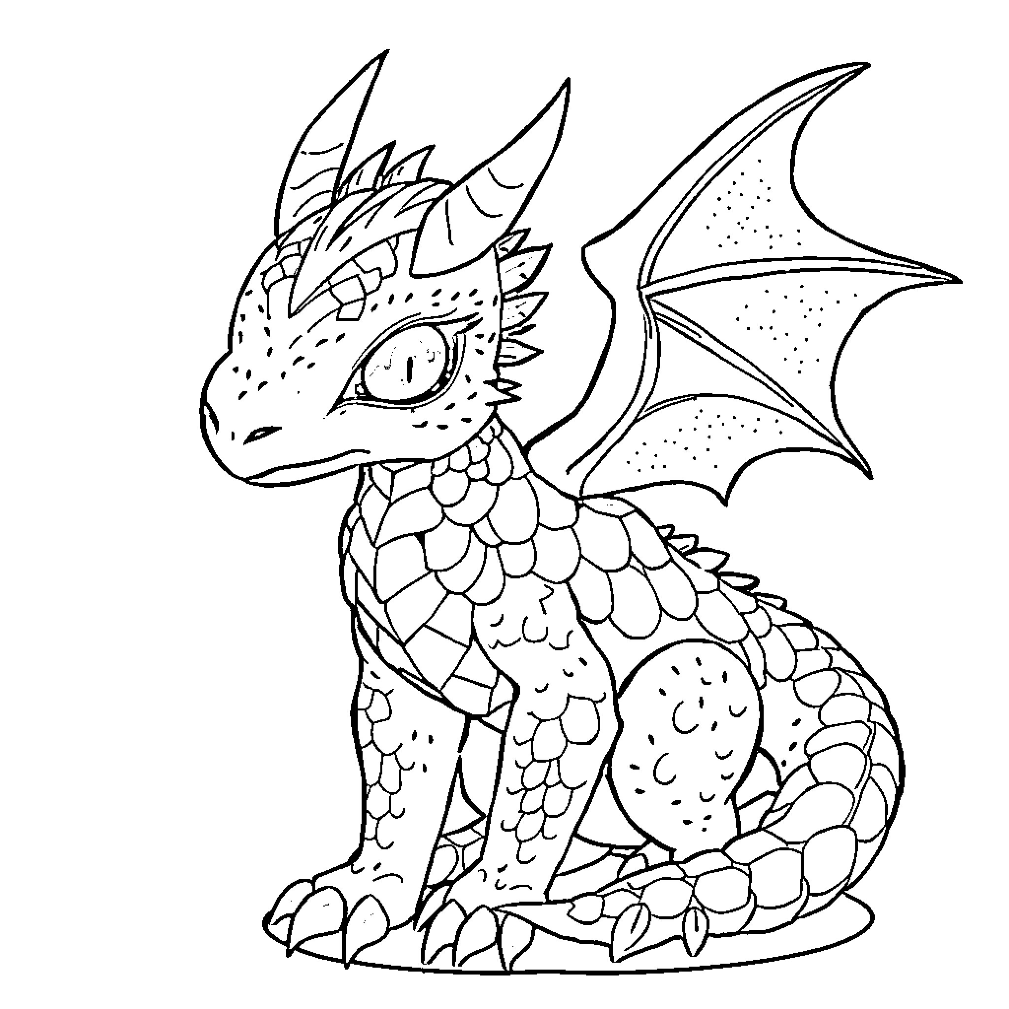 Dysner Dragon Gazing Intently Coloring Page (free black-and-white line drawing printable PDF for all, from beginners to advanced learners, including children, teens, adults, and seniors)