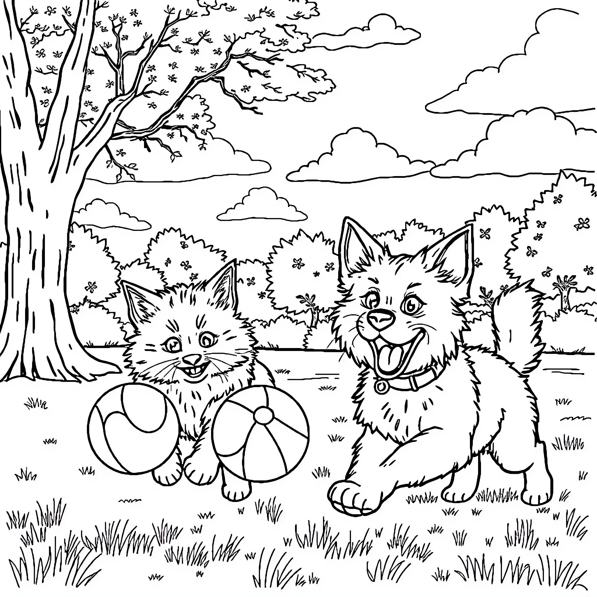 Cat friends playing in the forest Coloring Page (free black-and-white line drawing printable PDF for all, from beginners to advanced learners, including children, teens, adults, and seniors)