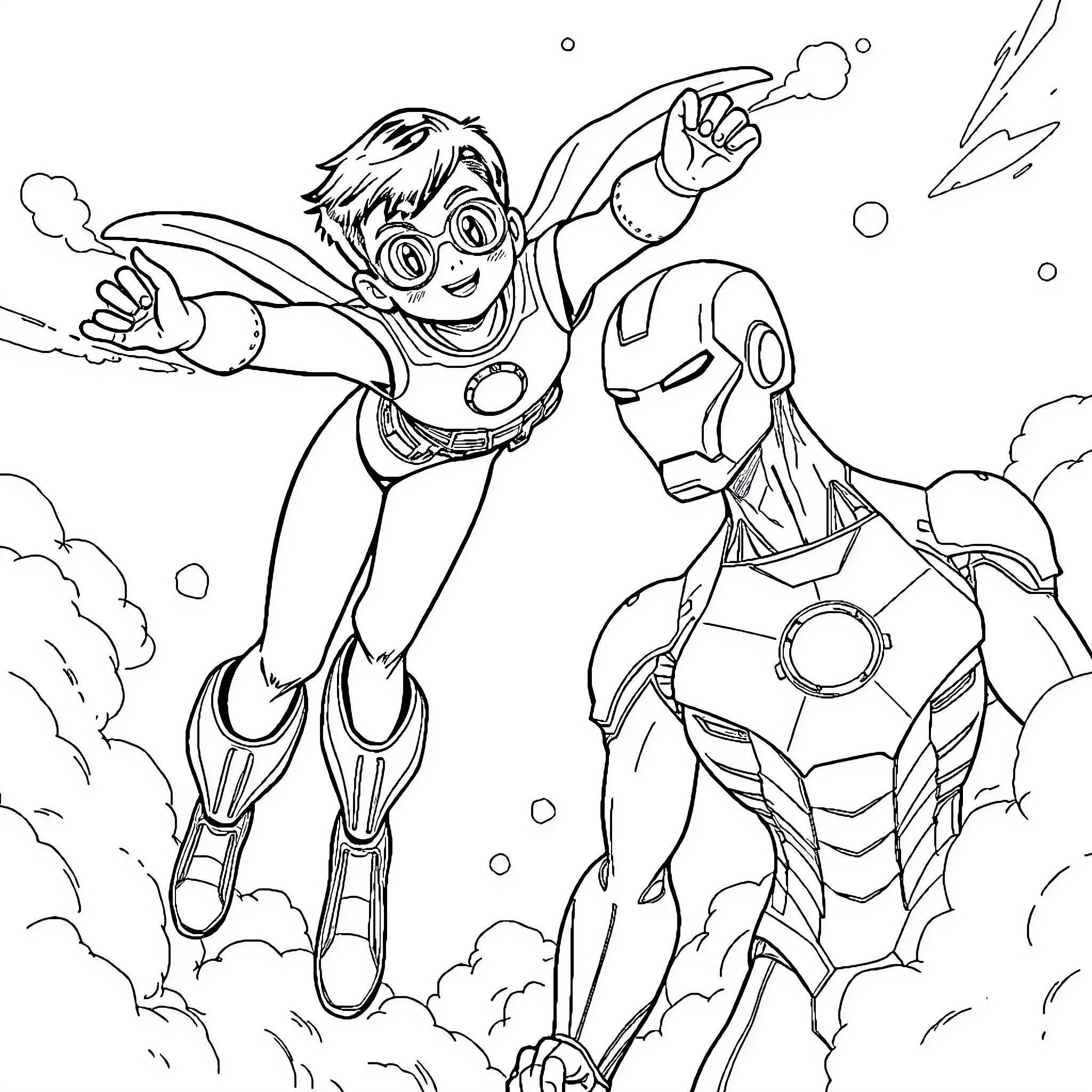 Astroboy heroically fights alongside a futuristic robot Coloring Page (free black-and-white line drawing printable PDF for all, from beginners to advanced learners, including children, teens, adults, and seniors)