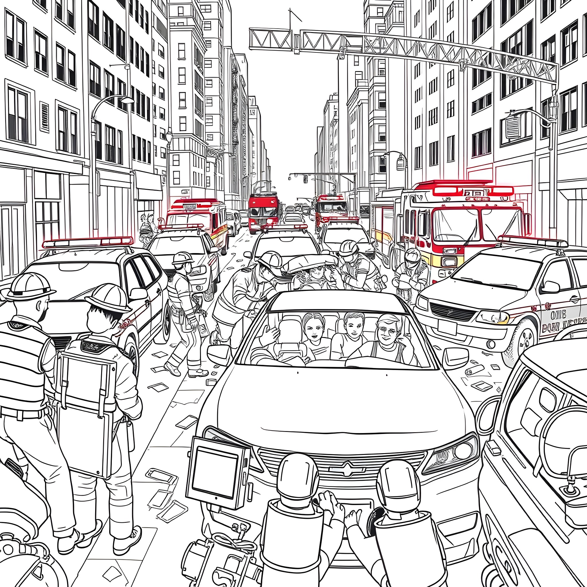 Car Chaos in the City Street Coloring Page (free black-and-white line drawing printable PDF for all, from beginners to advanced learners, including children, teens, adults, and seniors)