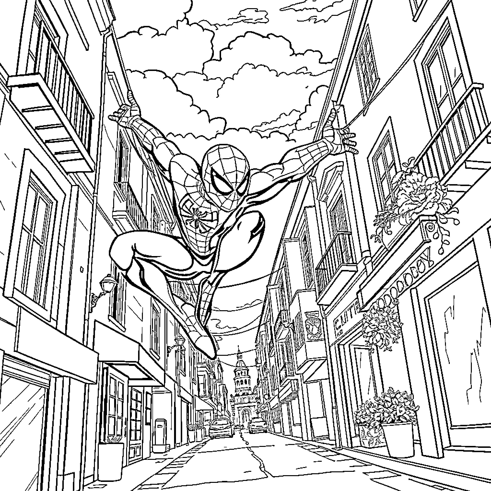 Spiderman swinging through the city skyline Coloring Page (free black-and-white line drawing printable PDF for all, from beginners to advanced learners, including children, teens, adults, and seniors)