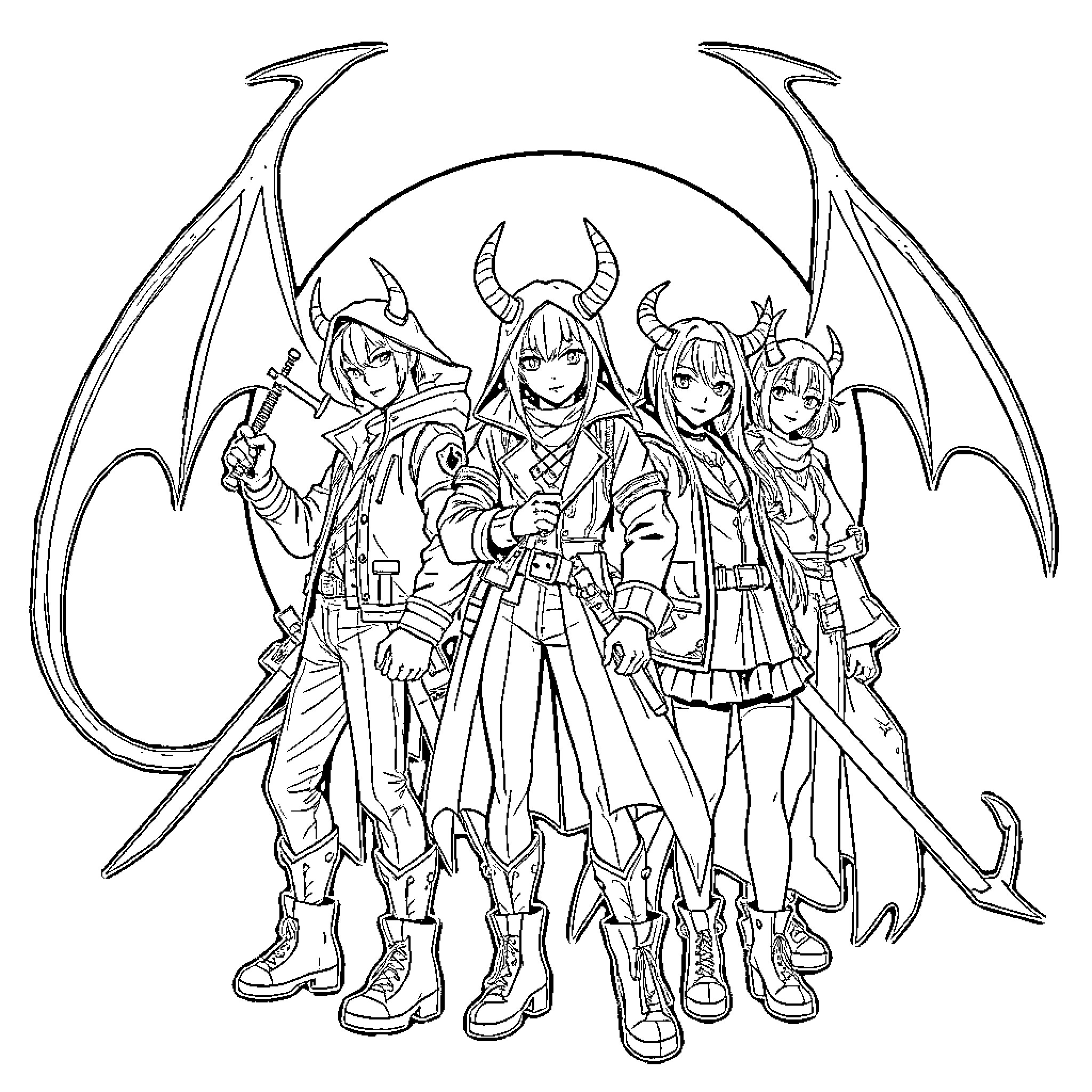 Demon Hunter Squad Showcasing Fierce Attire and Weaponry Coloring Page (free black-and-white line drawing printable PDF for all, from beginners to advanced learners, including children, teens, adults, and seniors)