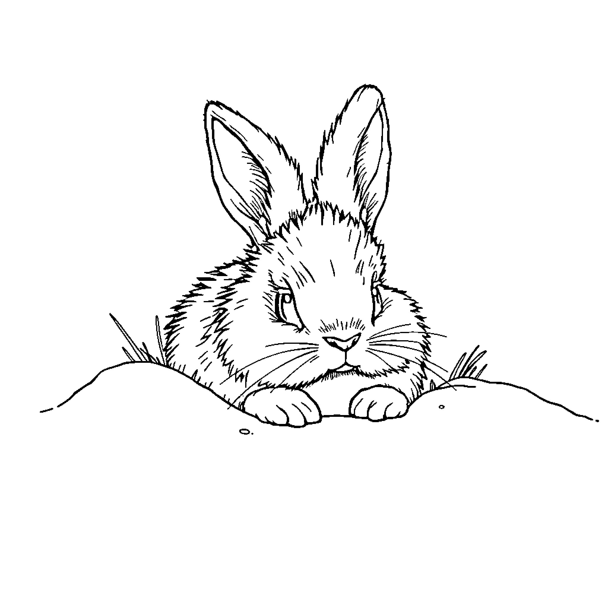 Bunny peeking curiously from behind a bush Coloring Page (free black-and-white line drawing printable PDF for all, from beginners to advanced learners, including children, teens, adults, and seniors)