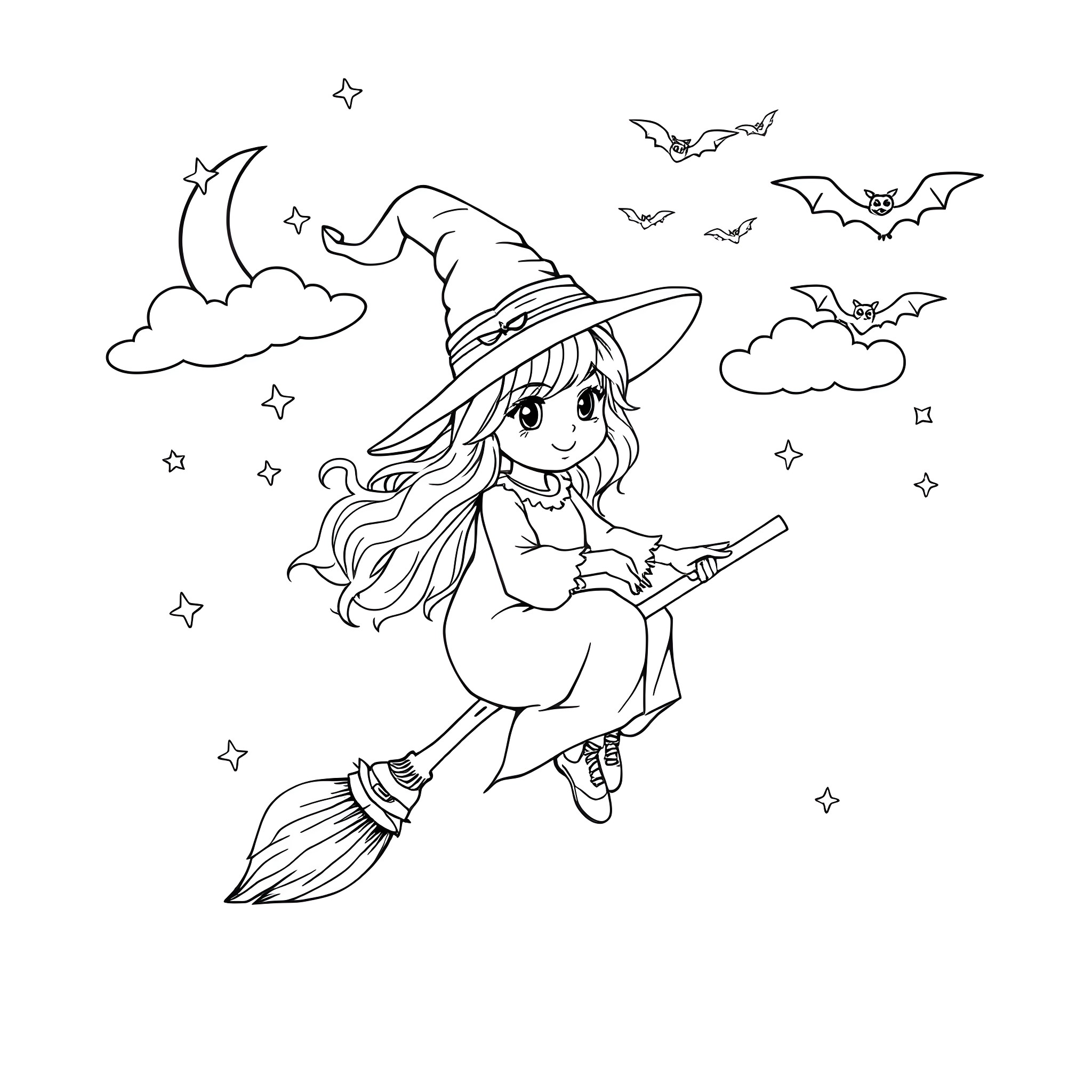 Witch flying on a broom with bats and stars Coloring Page (free black-and-white line drawing printable PDF for all, from beginners to advanced learners, including children, teens, adults, and seniors)