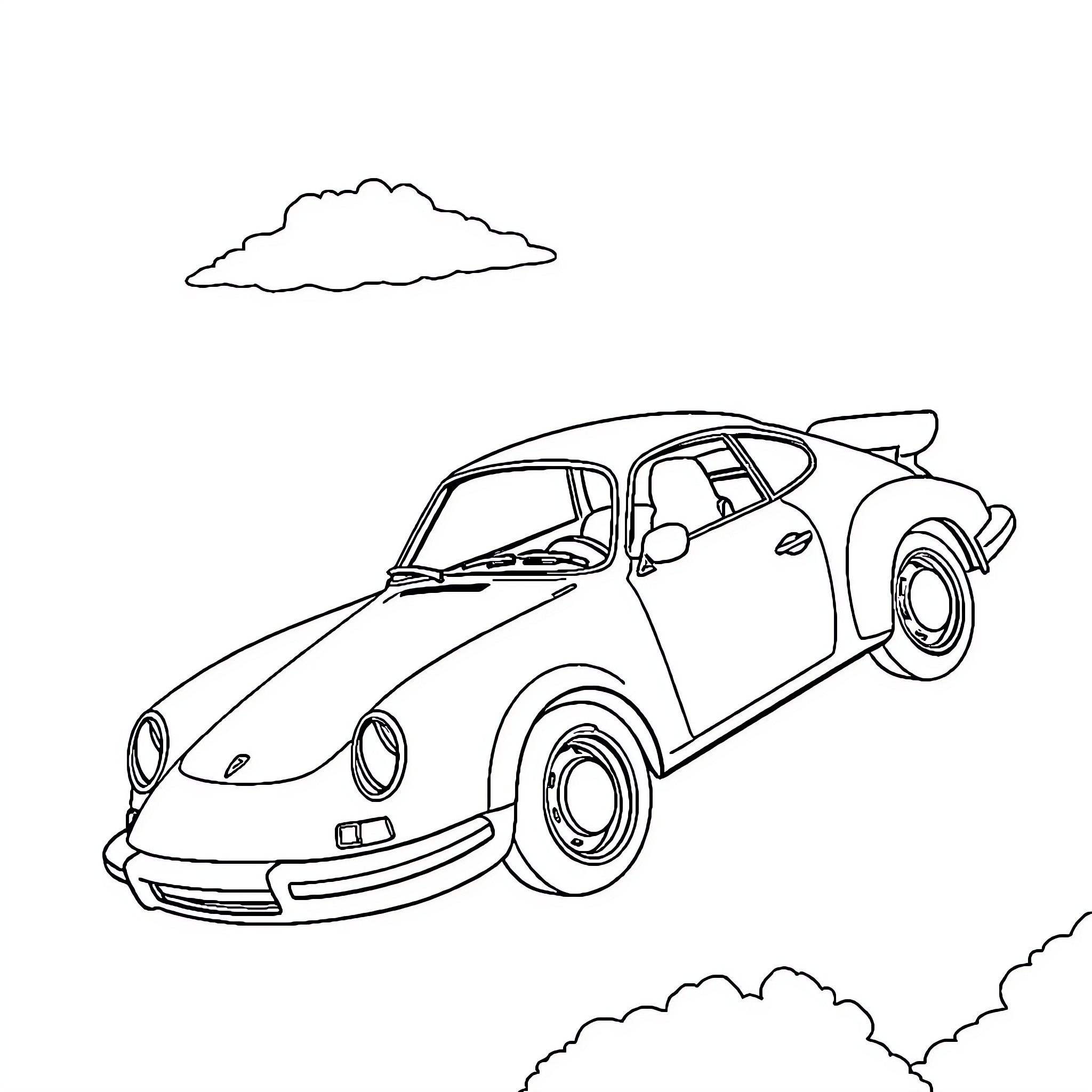 Flying Car soaring through the skies Coloring Page (free black-and-white line drawing printable PDF for all, from beginners to advanced learners, including children, teens, adults, and seniors)