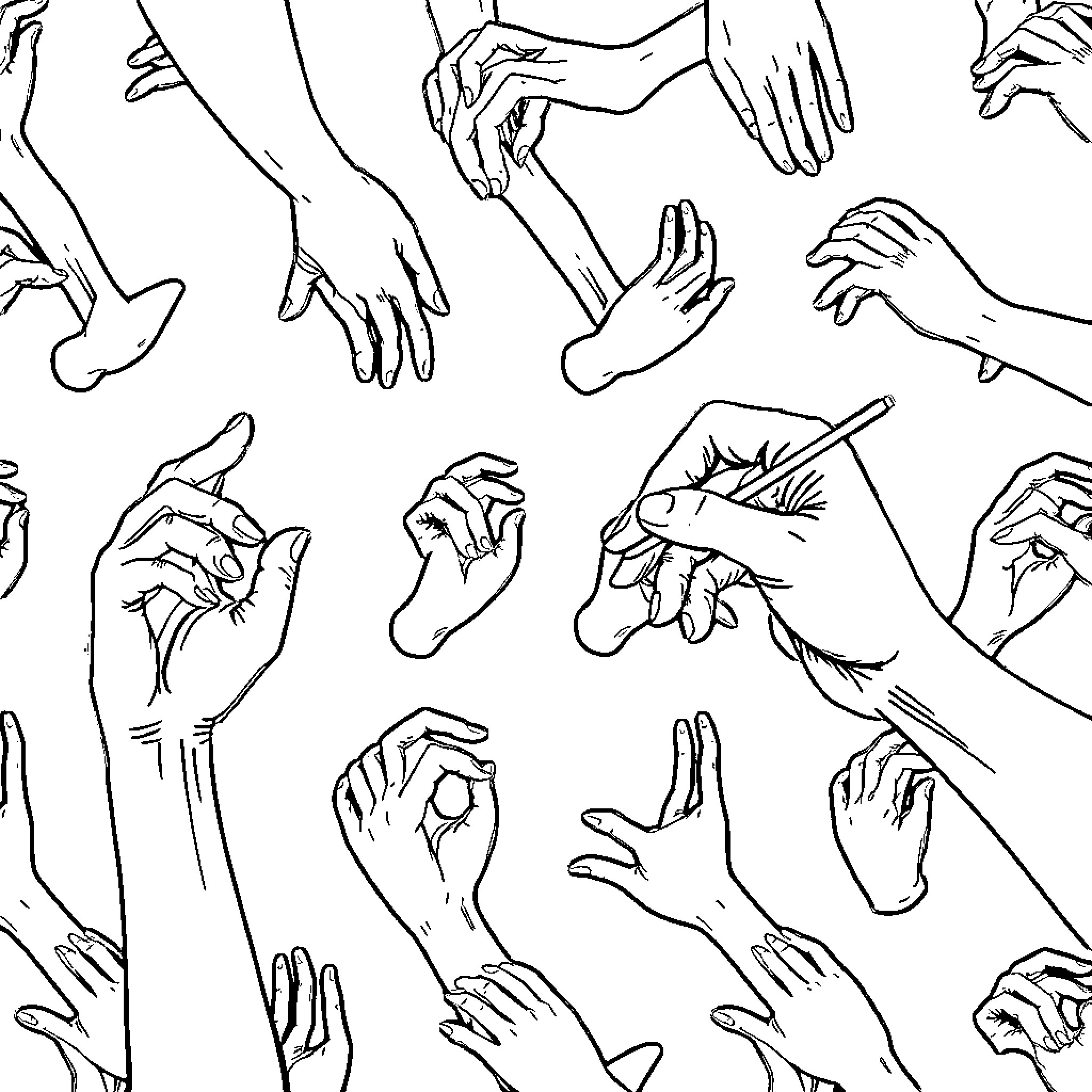 Hand Gestures and Expressions in Monochrome Coloring Page (free black-and-white line drawing printable PDF for all, from beginners to advanced learners, including children, teens, adults, and seniors)