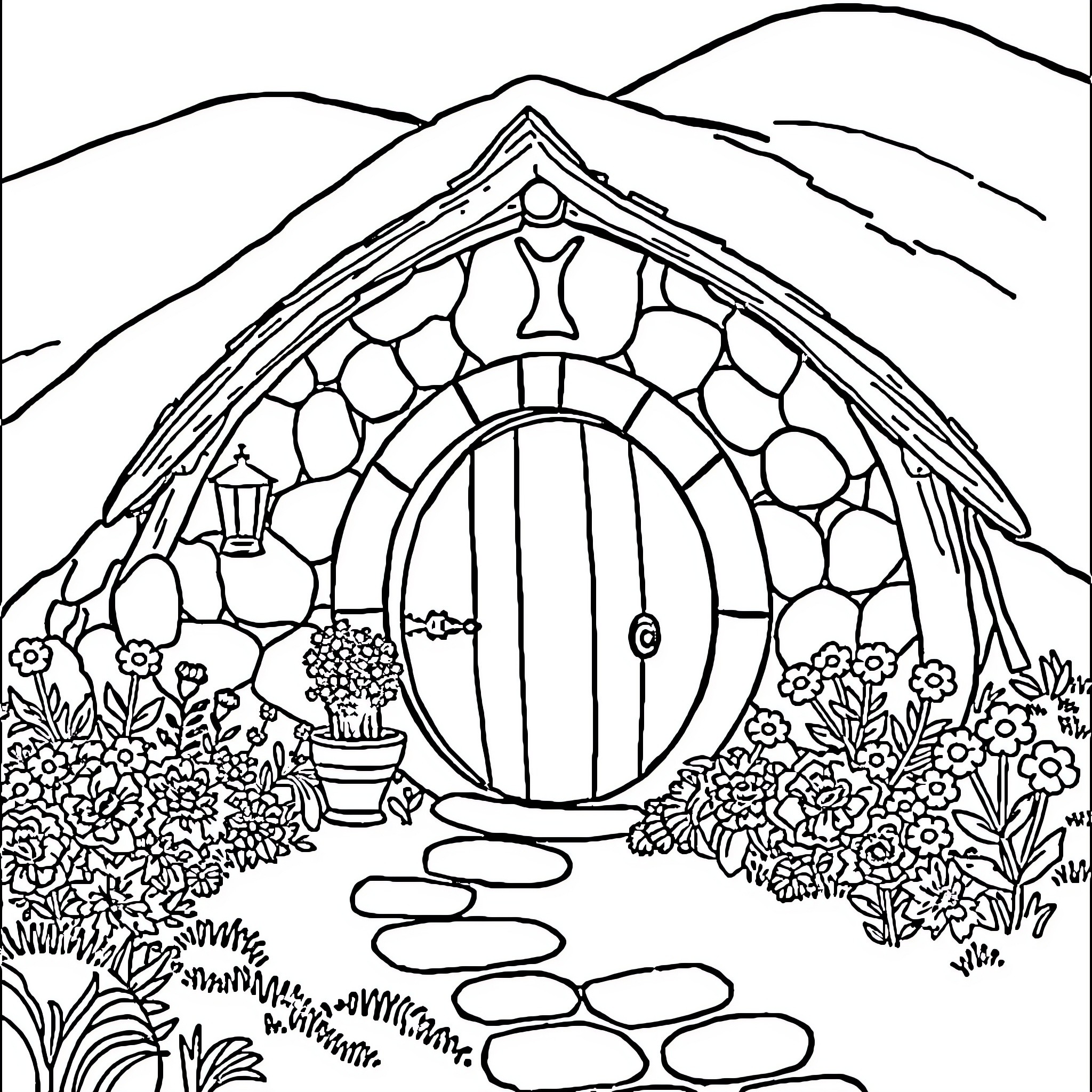 Hobbit Home with Whimsical Garden Scene Coloring Page (free black-and-white line drawing printable PDF for all, from beginners to advanced learners, including children, teens, adults, and seniors)
