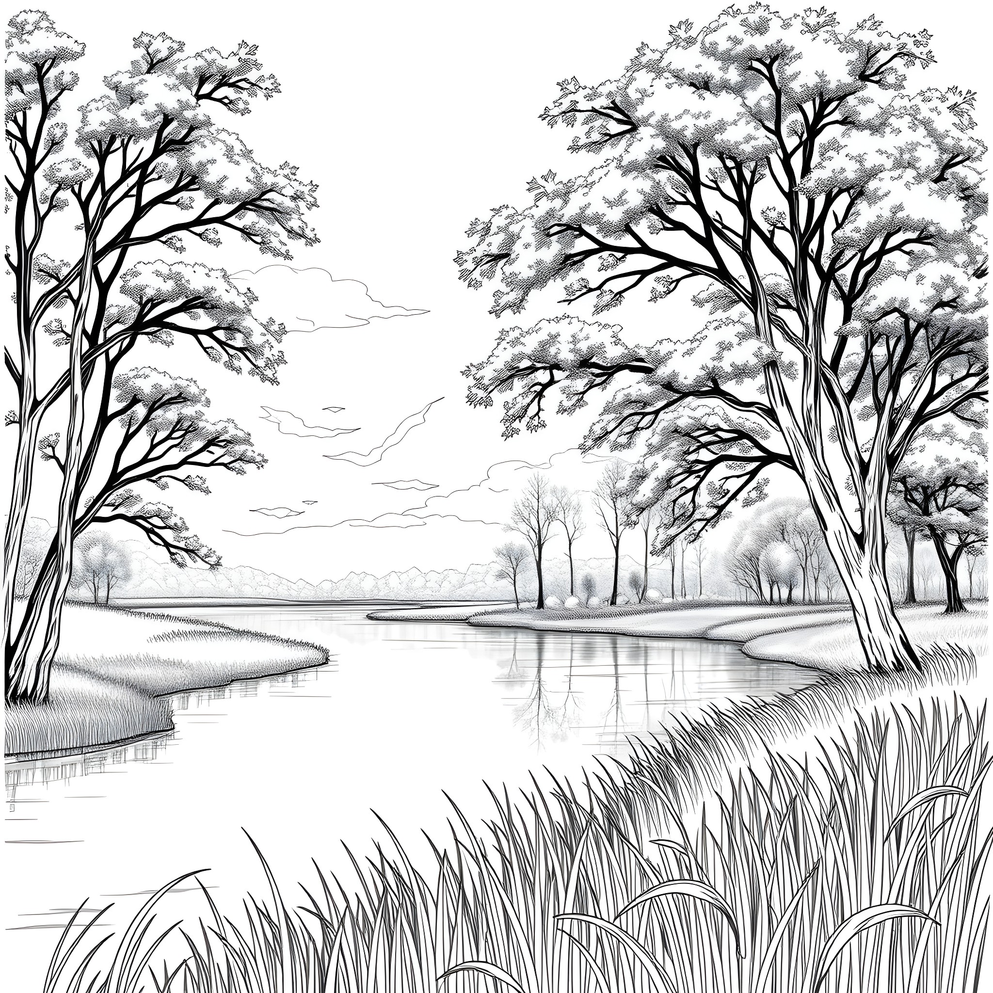 Outdoor Landscape with Scenic Lake and Snowy Trees Coloring Page (free black-and-white line drawing printable PDF for all, from beginners to advanced learners, including children, teens, adults, and seniors)