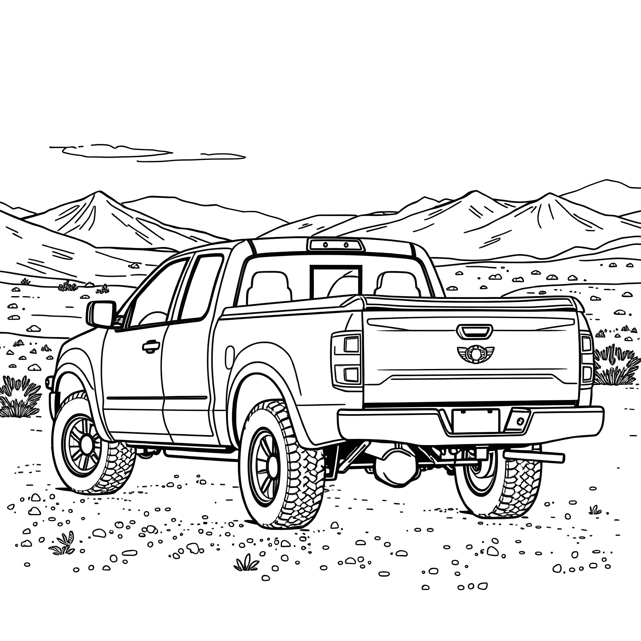 Pickup truck driving through rugged mountain terrain Coloring Page (free black-and-white line drawing printable PDF for all, from beginners to advanced learners, including children, teens, adults, and seniors)