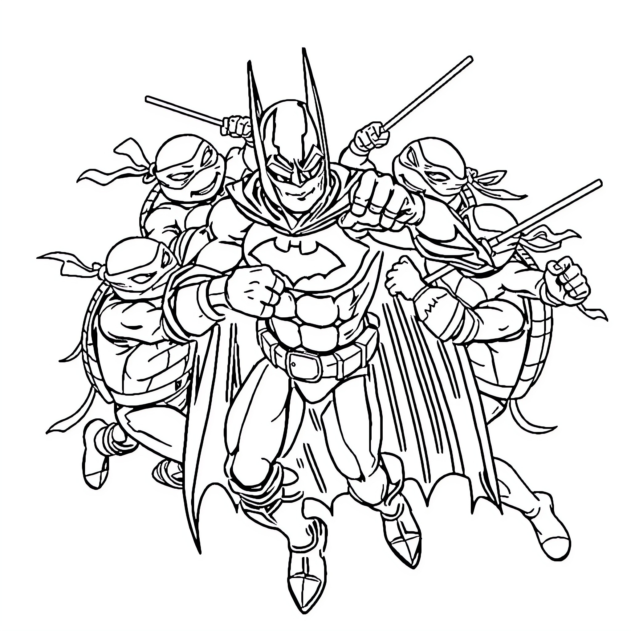 Teenage Mutant Ninja Turtle heroes battle together Coloring Page (free black-and-white line drawing printable PDF for all, from beginners to advanced learners, including children, teens, adults, and seniors)