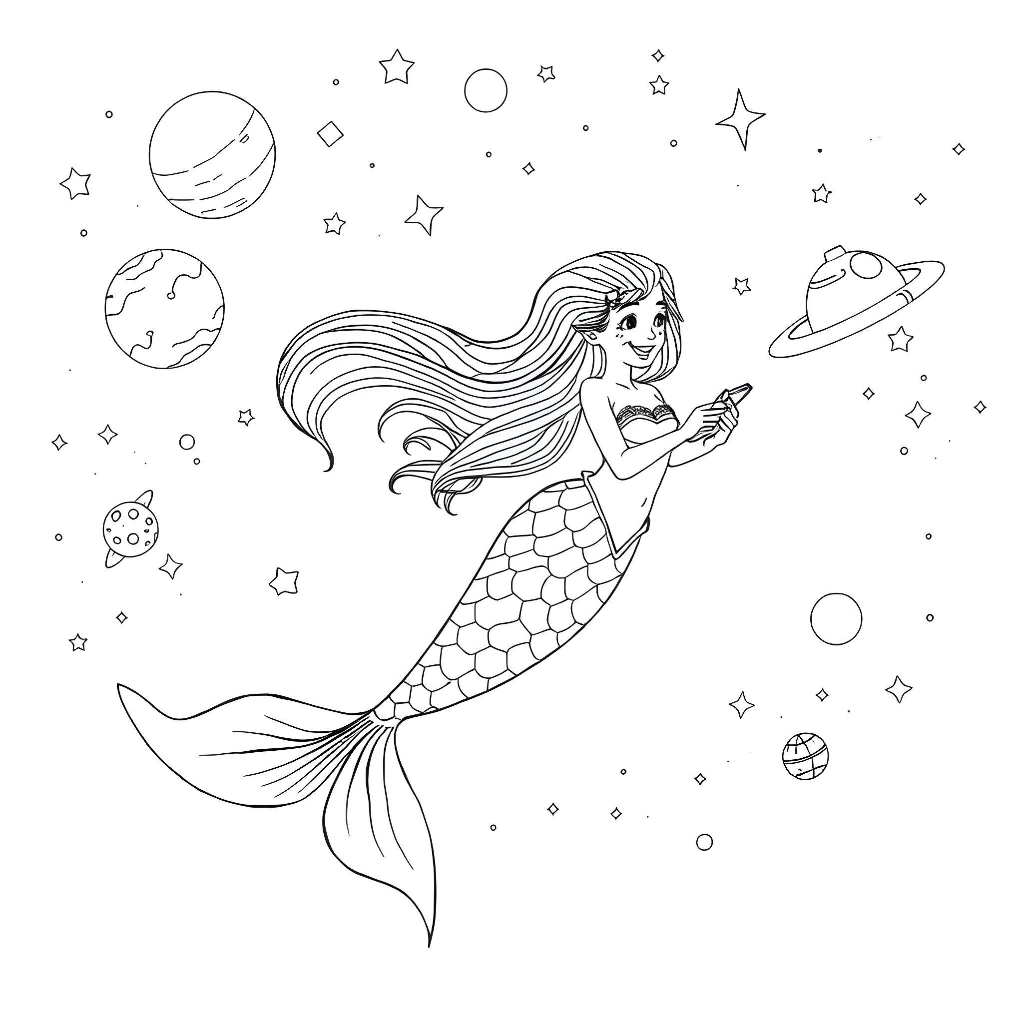Mermaid Exploring the Cosmic Wonders Coloring Page (free black-and-white line drawing printable PDF for all, from beginners to advanced learners, including children, teens, adults, and seniors)