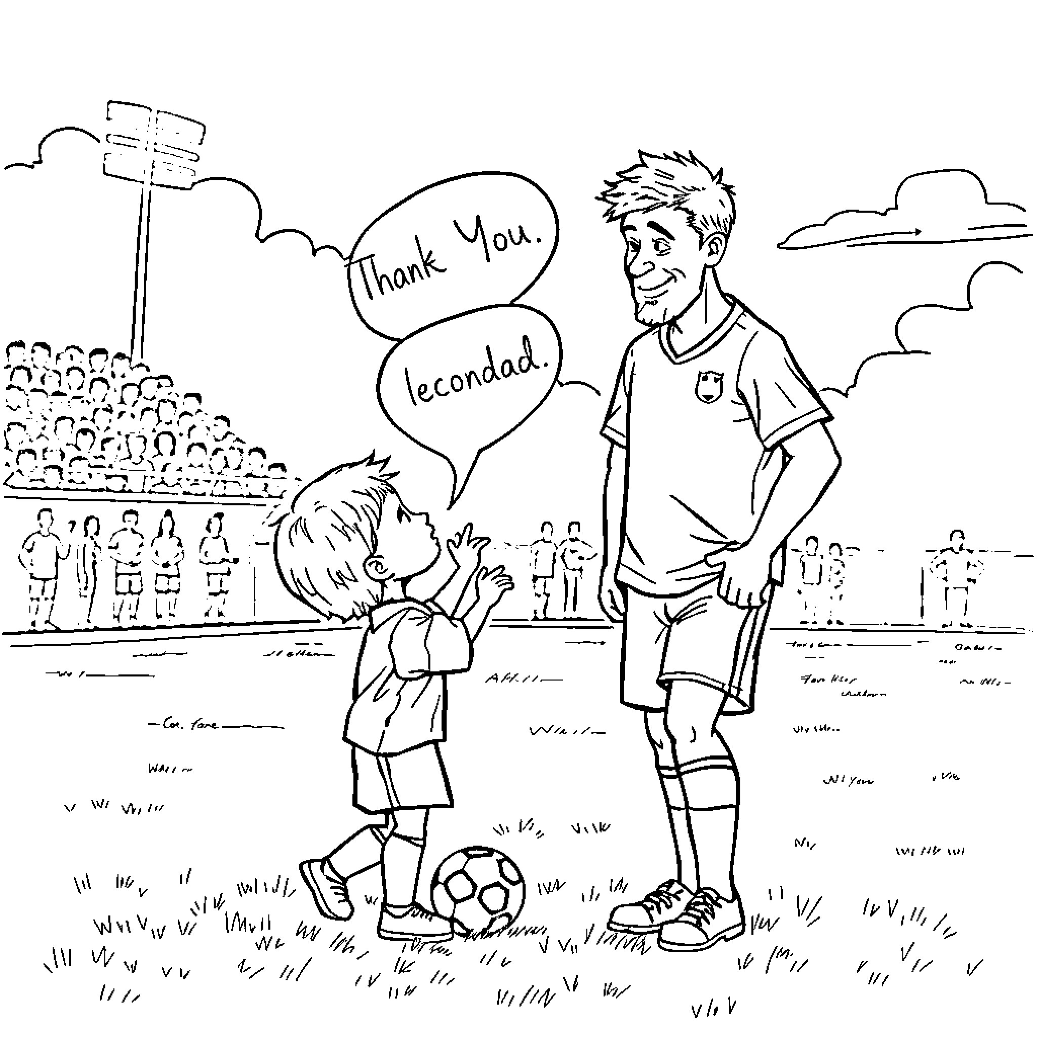 Soccer Dad encouraging young player on the field Coloring Page (free black-and-white line drawing printable PDF for all, from beginners to advanced learners, including children, teens, adults, and seniors)