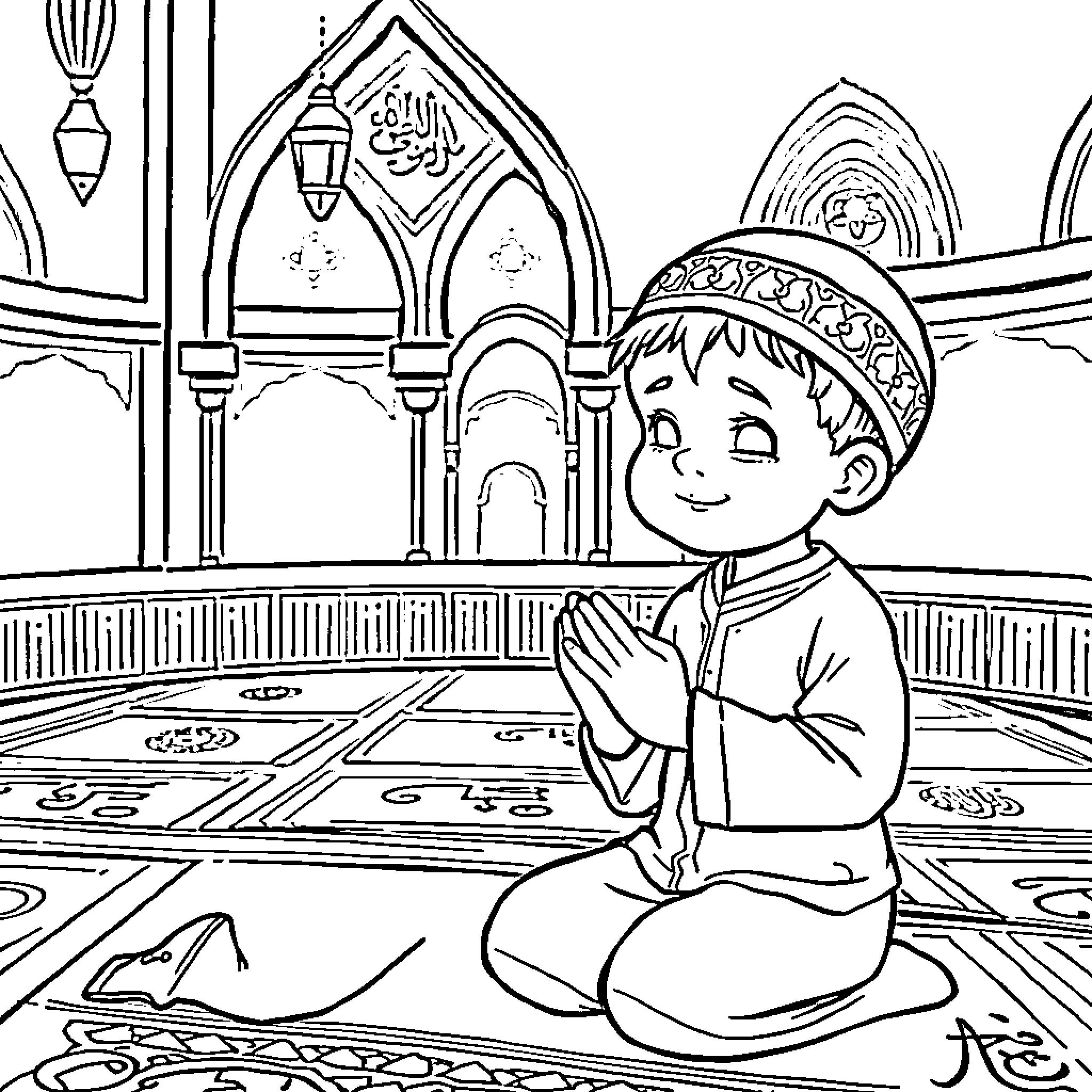 Kid praying in a mosque Coloring Page (free black-and-white line drawing printable PDF for all, from beginners to advanced learners, including children, teens, adults, and seniors)