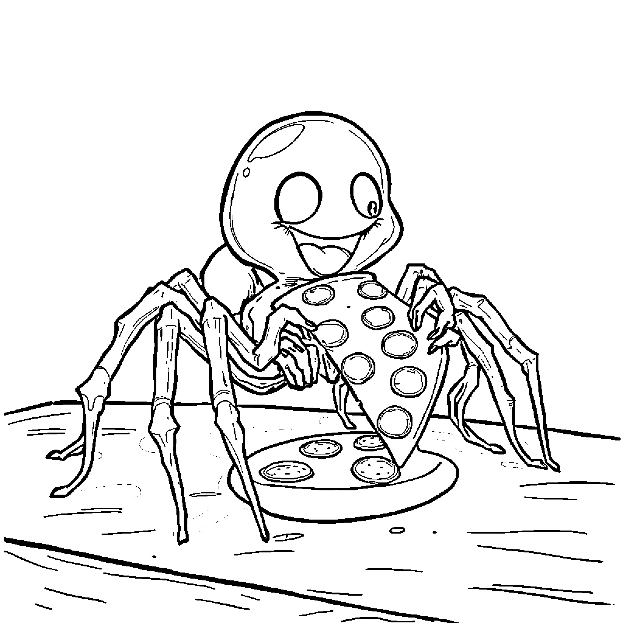 Ghost Spider Dancing Happily on the Web Coloring Page (free black-and-white line drawing printable PDF for all, from beginners to advanced learners, including children, teens, adults, and seniors)