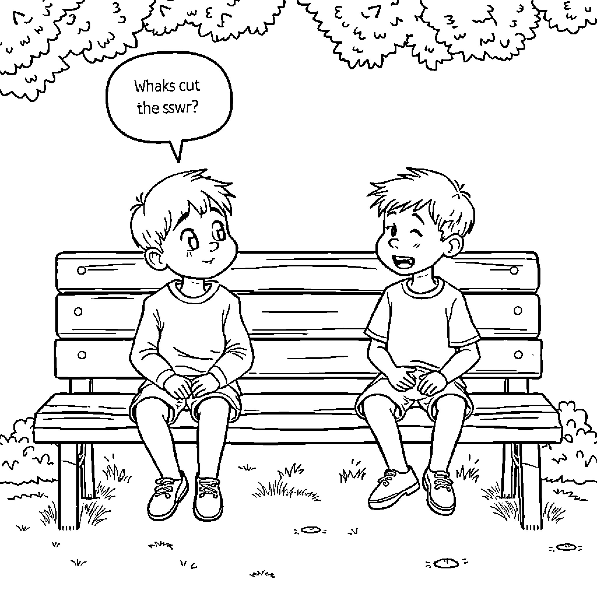 Kids chatting on a bench outdoors Coloring Page (free black-and-white line drawing printable PDF for all, from beginners to advanced learners, including children, teens, adults, and seniors)