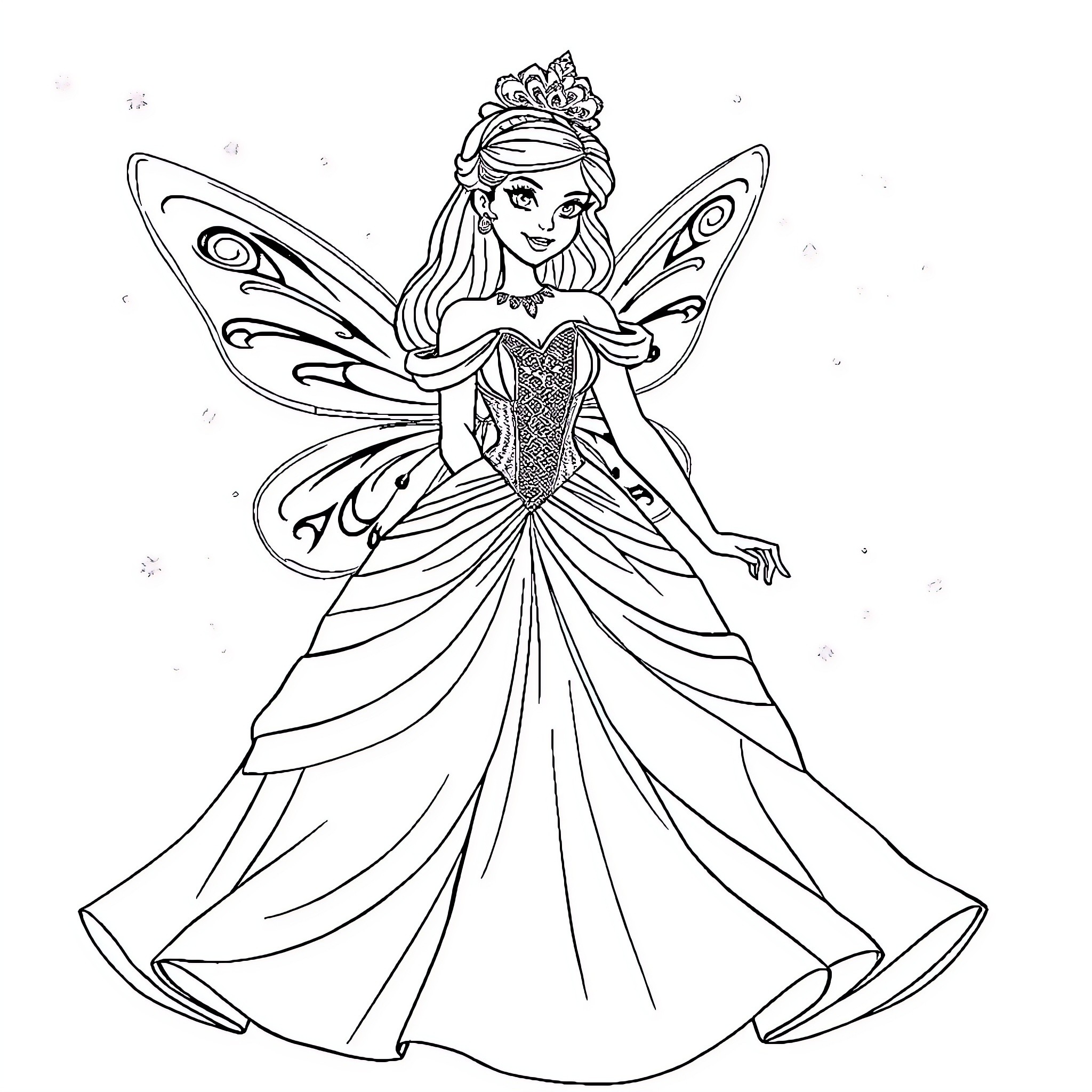 Princess in Elegant Fairy Dress Coloring Page (free black-and-white line drawing printable PDF for all, from beginners to advanced learners, including children, teens, adults, and seniors)