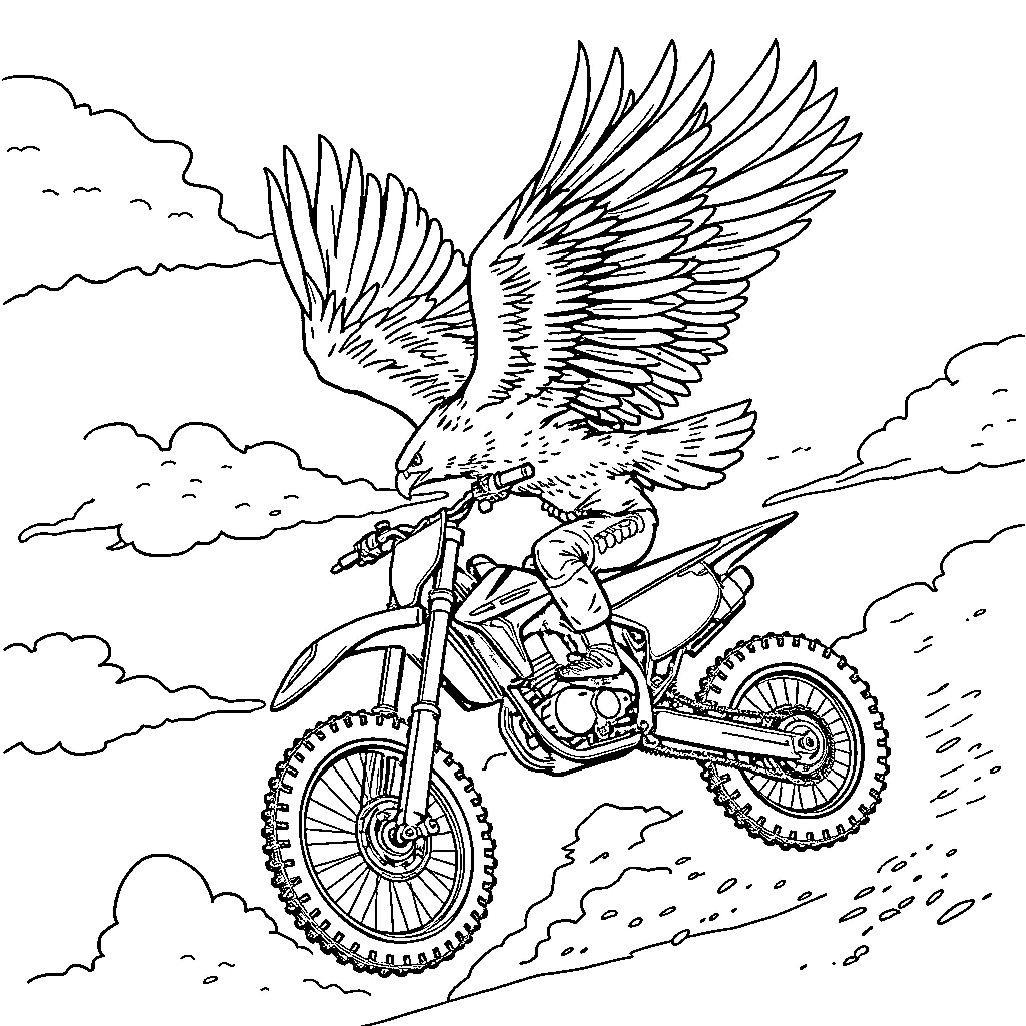 Eagle soaring with motorcycle in the clouds Coloring Page (free black-and-white line drawing printable PDF for all, from beginners to advanced learners, including children, teens, adults, and seniors)
