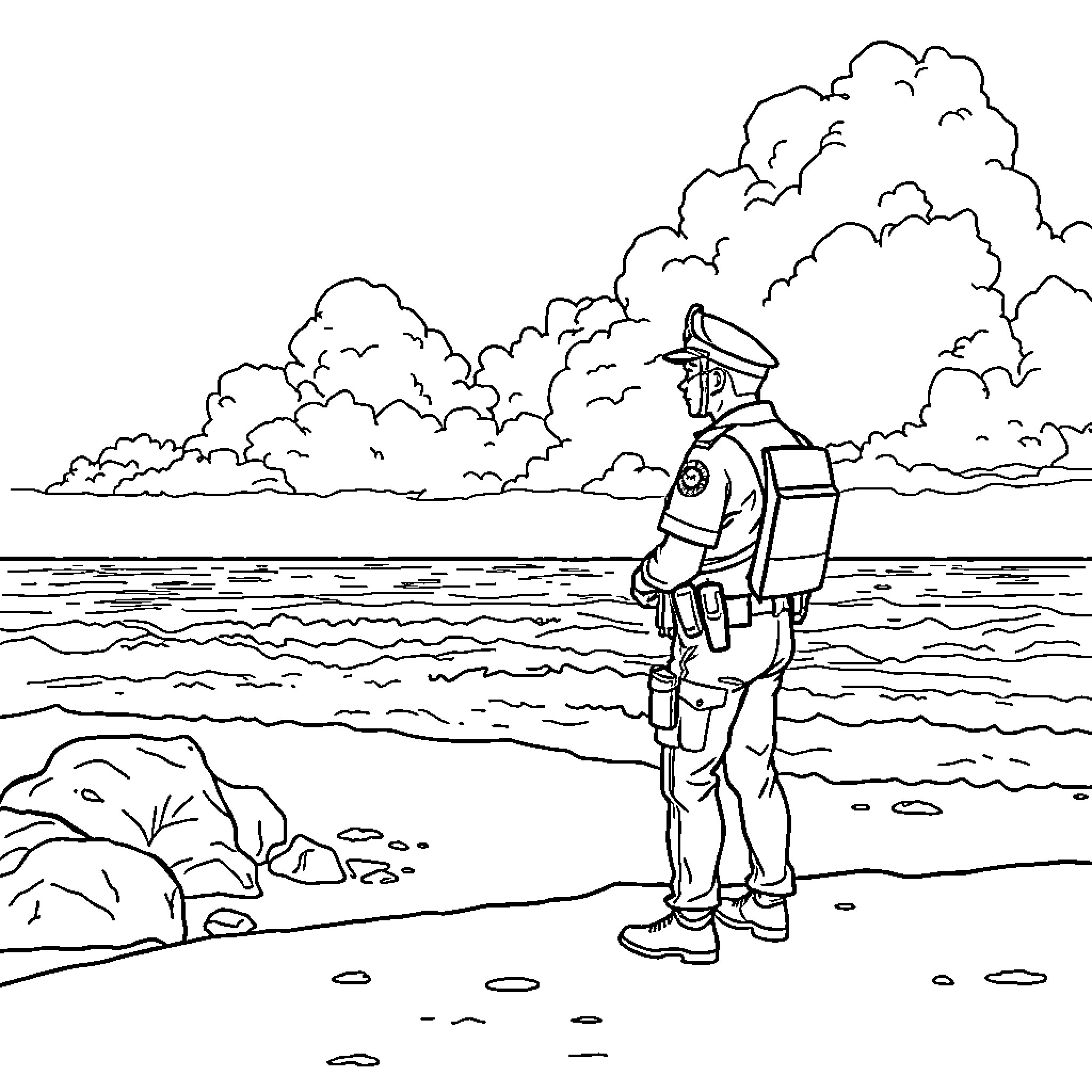 Police Officer Standing Beside the Beach Coloring Page (free black-and-white line drawing printable PDF for all, from beginners to advanced learners, including children, teens, adults, and seniors)