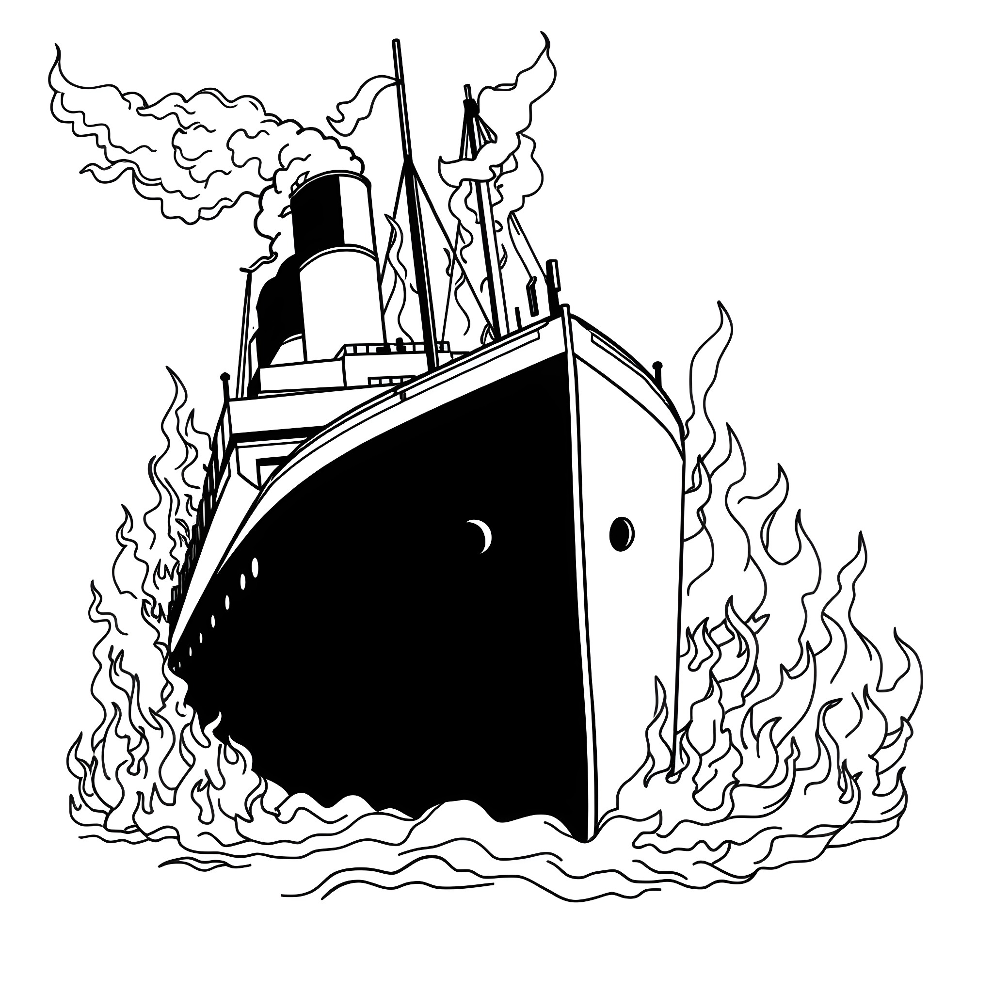 Titanic ship sinking in dramatic flames Coloring Page (free black-and-white line drawing printable PDF for all, from beginners to advanced learners, including children, teens, adults, and seniors)