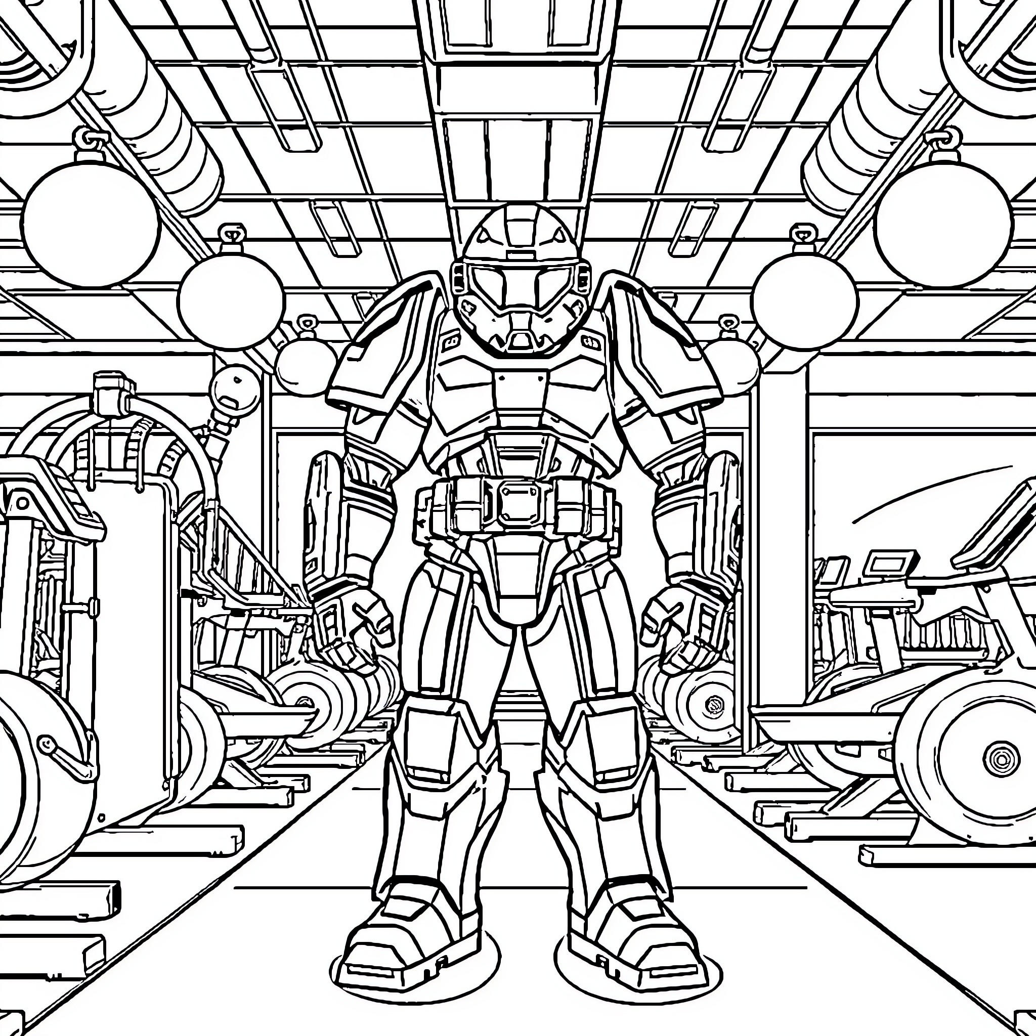 Space Marine in Futuristic Armored Suit Coloring Page (free black-and-white line drawing printable PDF for all, from beginners to advanced learners, including children, teens, adults, and seniors)