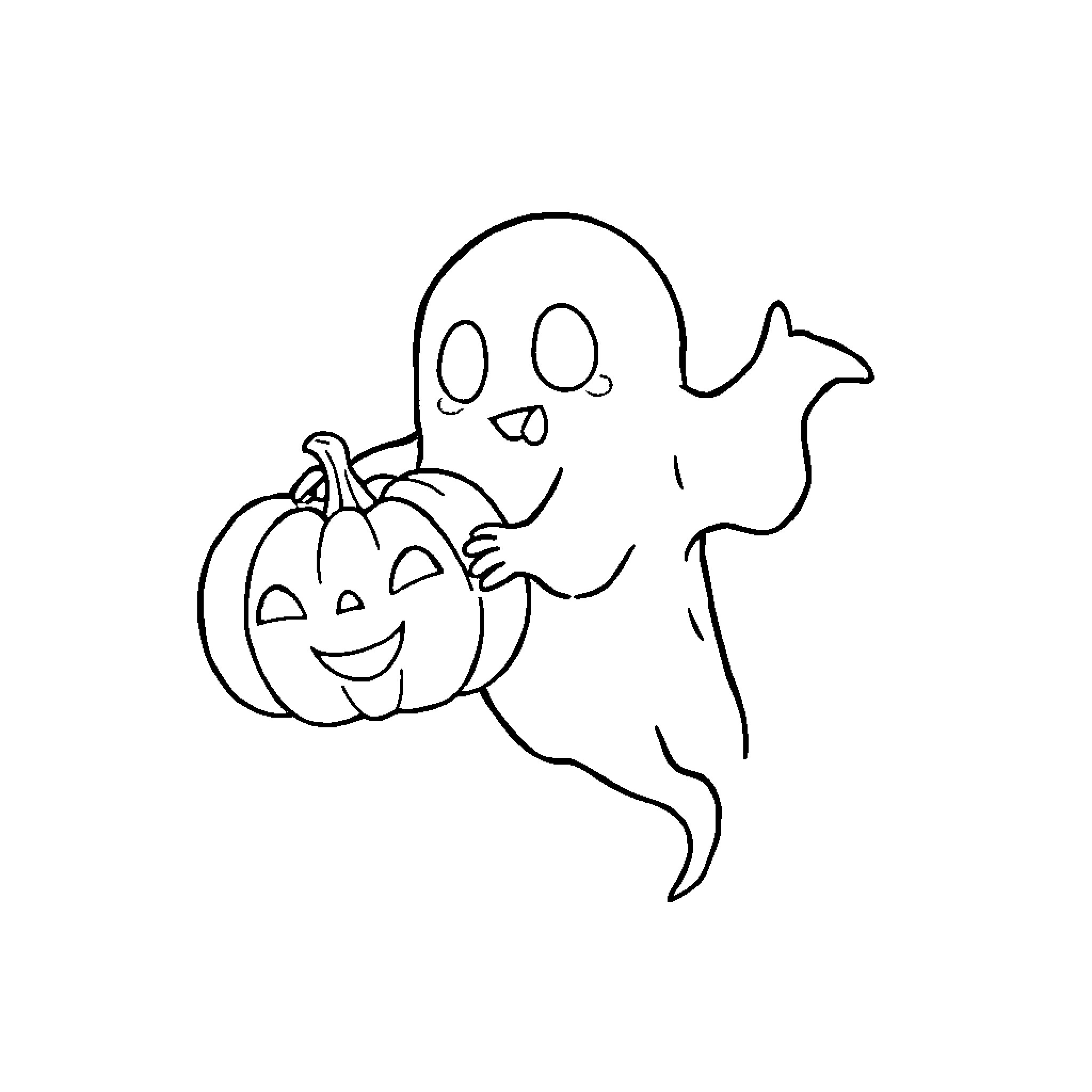 Ghost carrying a pumpkin in a playful manner Coloring Page (free black-and-white line drawing printable PDF for all, from beginners to advanced learners, including children, teens, adults, and seniors)