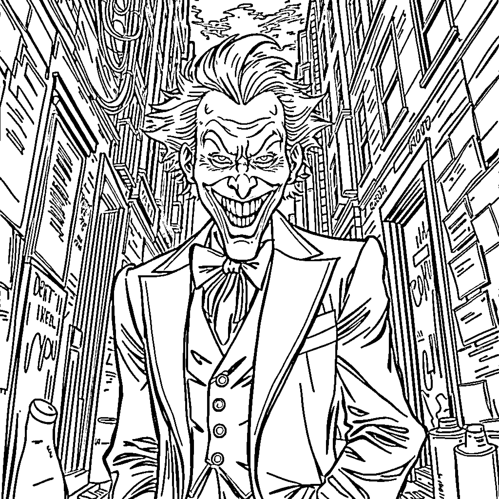 Joker's Mischievous Grin in the City Coloring Page (free black-and-white line drawing printable PDF for all, from beginners to advanced learners, including children, teens, adults, and seniors)