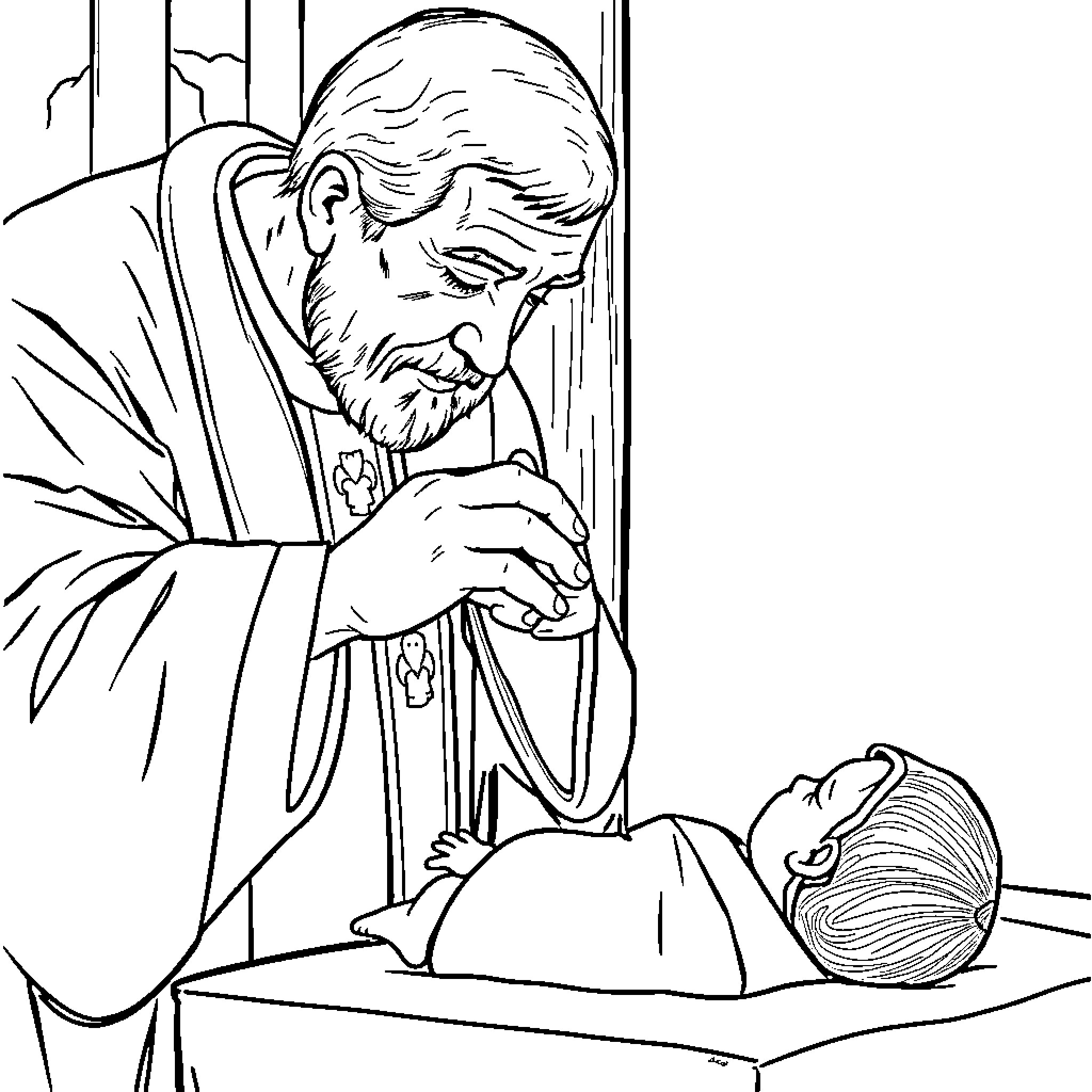 Baptism of a Newborn in a Religious Ceremony Coloring Page (free black-and-white line drawing printable PDF for all, from beginners to advanced learners, including children, teens, adults, and seniors)