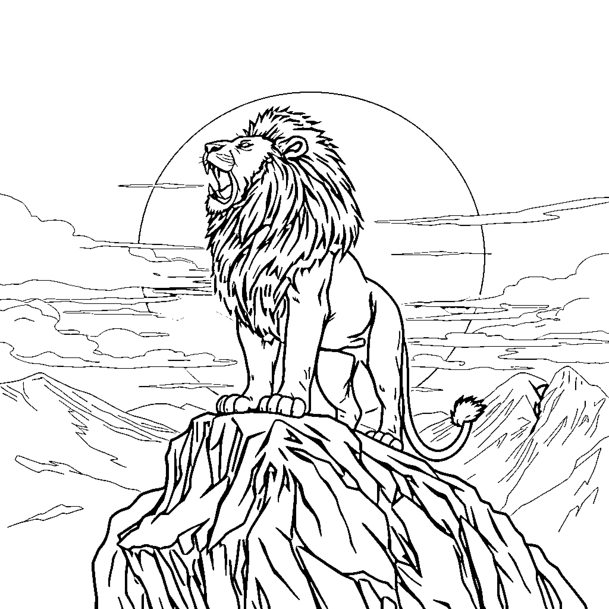 Lion roaring on a rocky mountain top Coloring Page (free black-and-white line drawing printable PDF for all, from beginners to advanced learners, including children, teens, adults, and seniors)