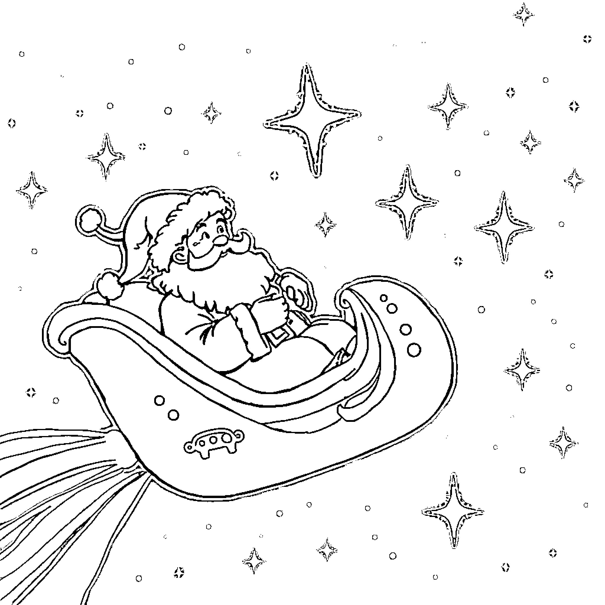 Père Noël enjoying a magical sleigh ride among the stars Coloring Page (free black-and-white line drawing printable PDF for all, from beginners to advanced learners, including children, teens, adults, and seniors)
