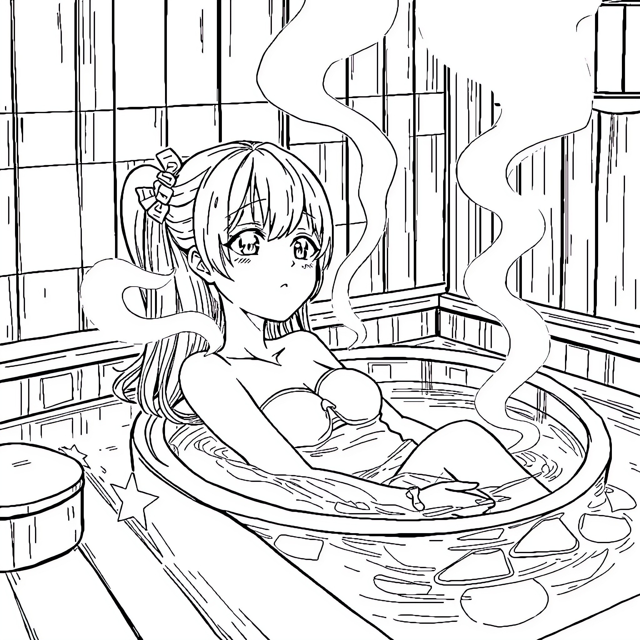 Anime Girl Relaxing in a Steaming Hot Tub Coloring Page (free black-and-white line drawing printable PDF for all, from beginners to advanced learners, including children, teens, adults, and seniors)