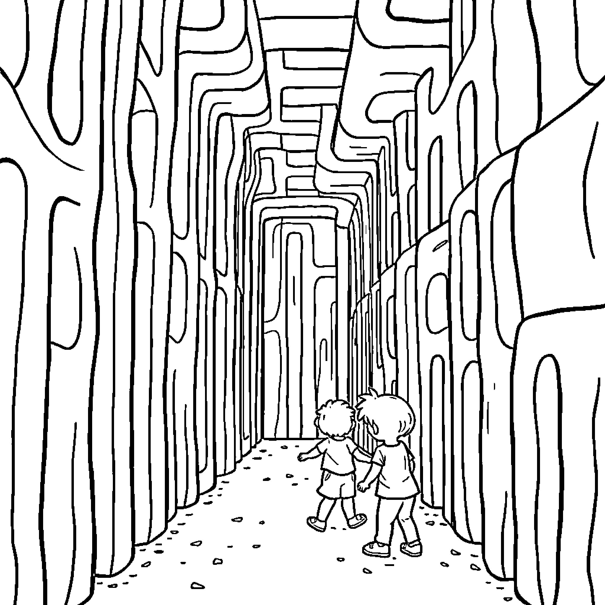 Maze of Winding Pathways Explored by Children Coloring Page (free black-and-white line drawing printable PDF for all, from beginners to advanced learners, including children, teens, adults, and seniors)