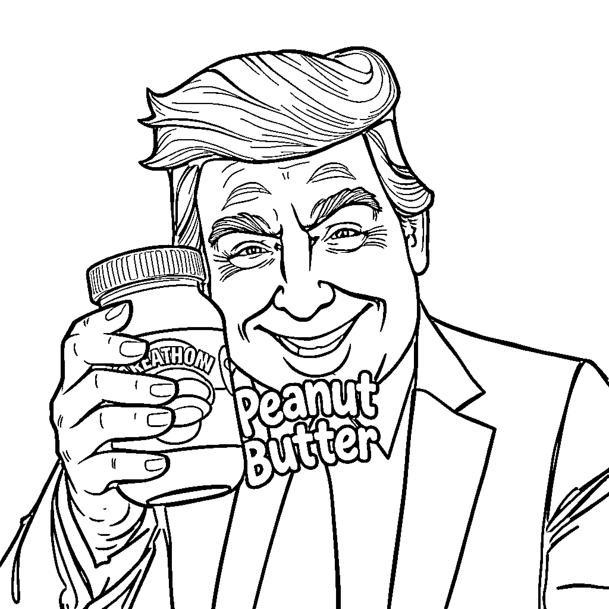 Donald Trump enjoying a jar of peanut butter Coloring Page (free black-and-white line drawing printable PDF for all, from beginners to advanced learners, including children, teens, adults, and seniors)