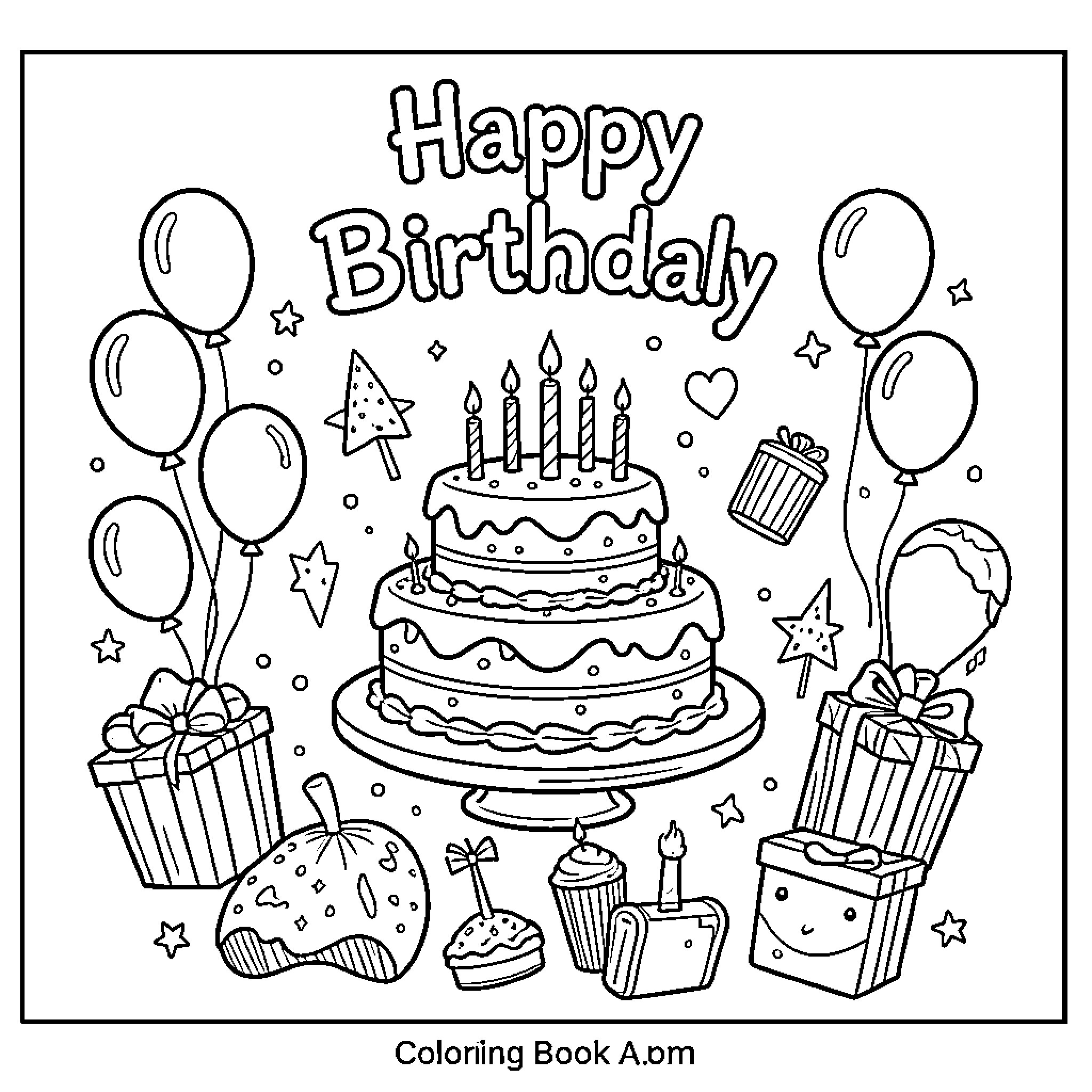 Cake with candles surrounded by balloons and gifts Coloring Page (free black-and-white line drawing printable PDF for all, from beginners to advanced learners, including children, teens, adults, and seniors)