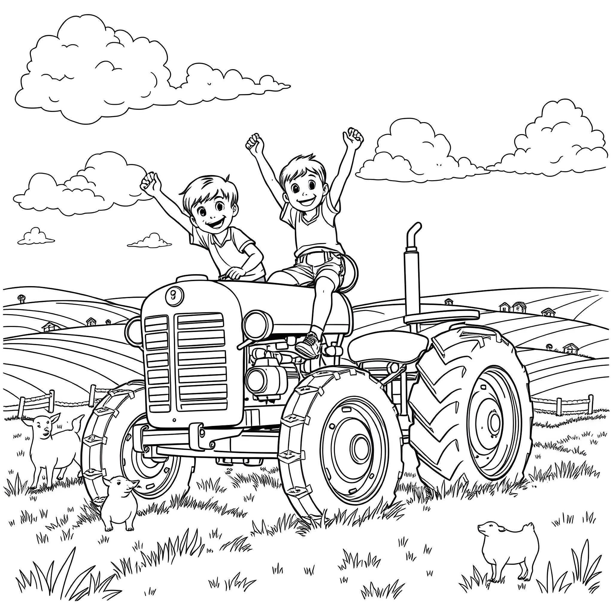 Boy riding a tractor with his friend in the countryside Coloring Page (free black-and-white line drawing printable PDF for all, from beginners to advanced learners, including children, teens, adults, and seniors)