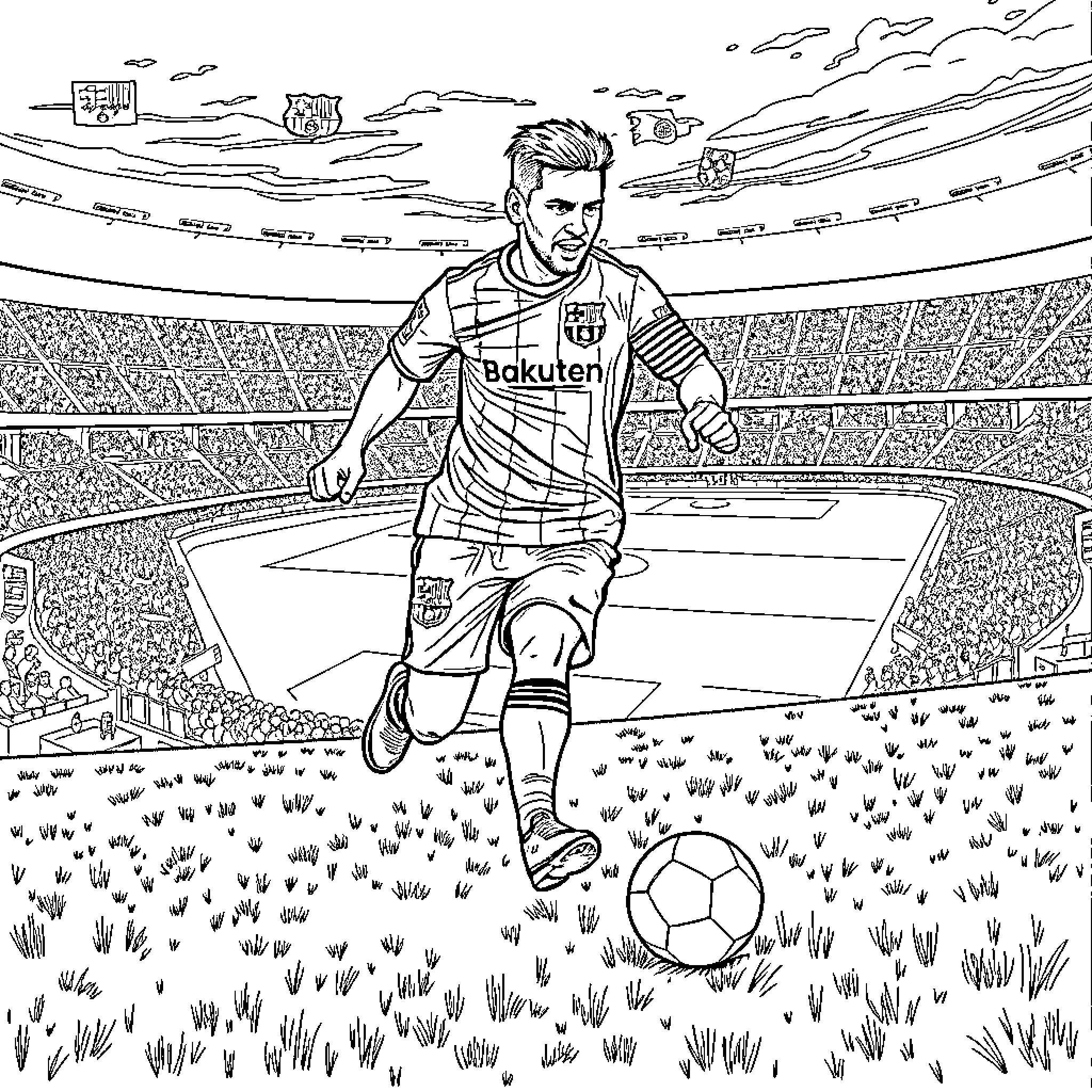 Messi celebrating a goal on the football pitch Coloring Page (free black-and-white line drawing printable PDF for all, from beginners to advanced learners, including children, teens, adults, and seniors)